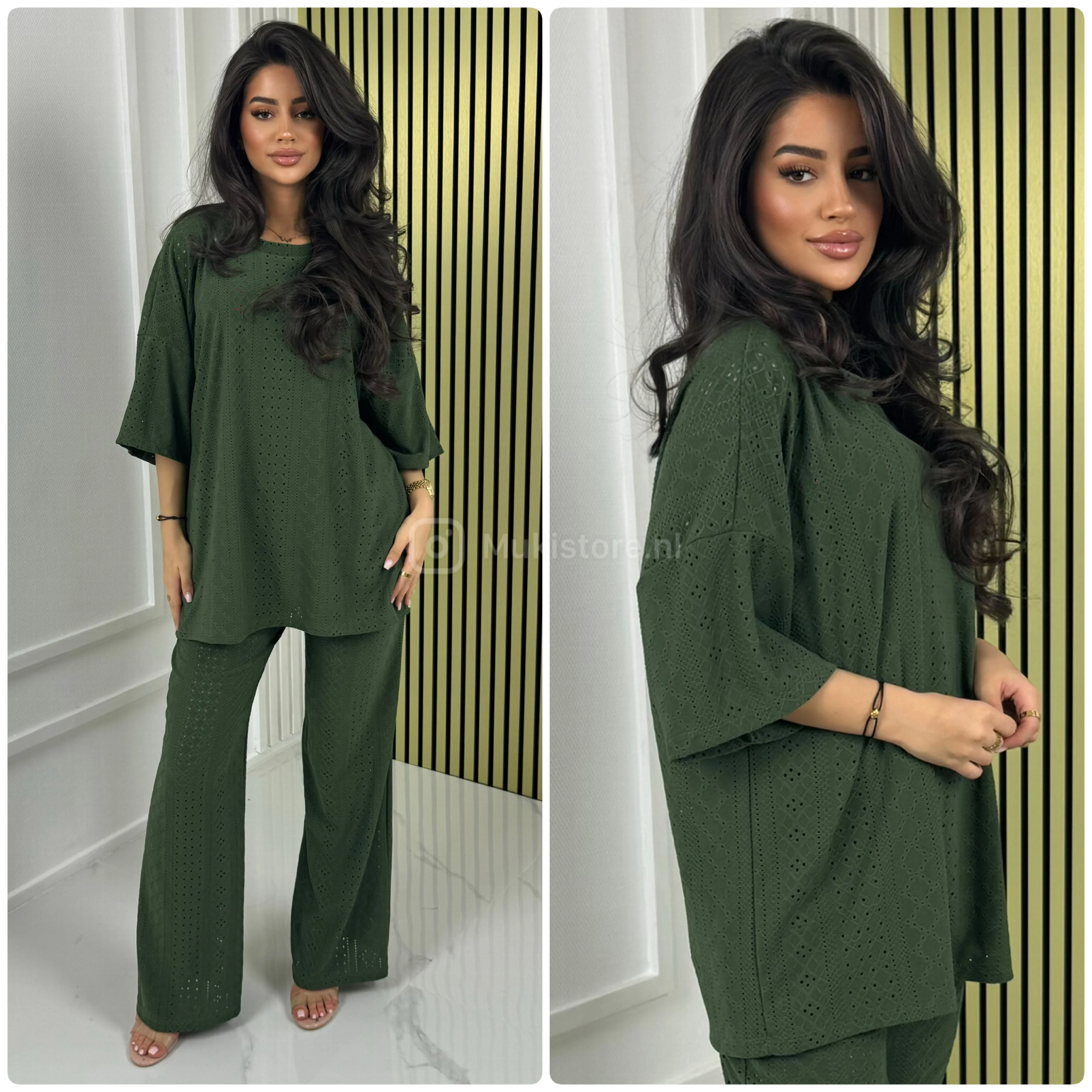 Eyelet Round Neck T-shirt + Wide Leg Pants Set - Image 14