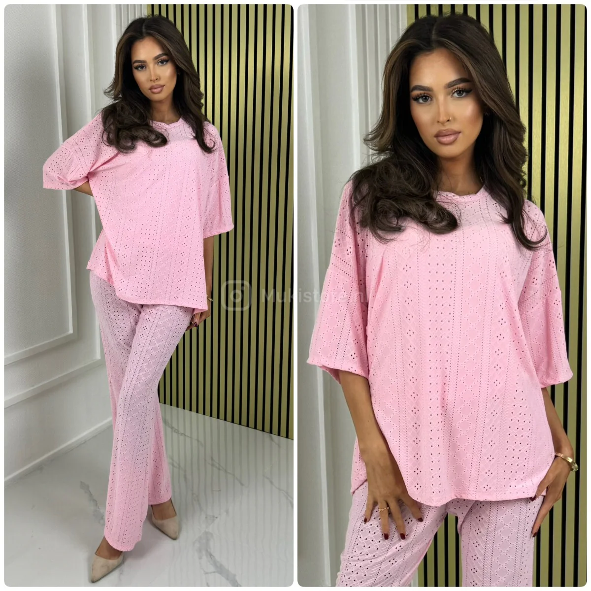 Eyelet Round Neck T-shirt + Wide Leg Pants Set - Image 6