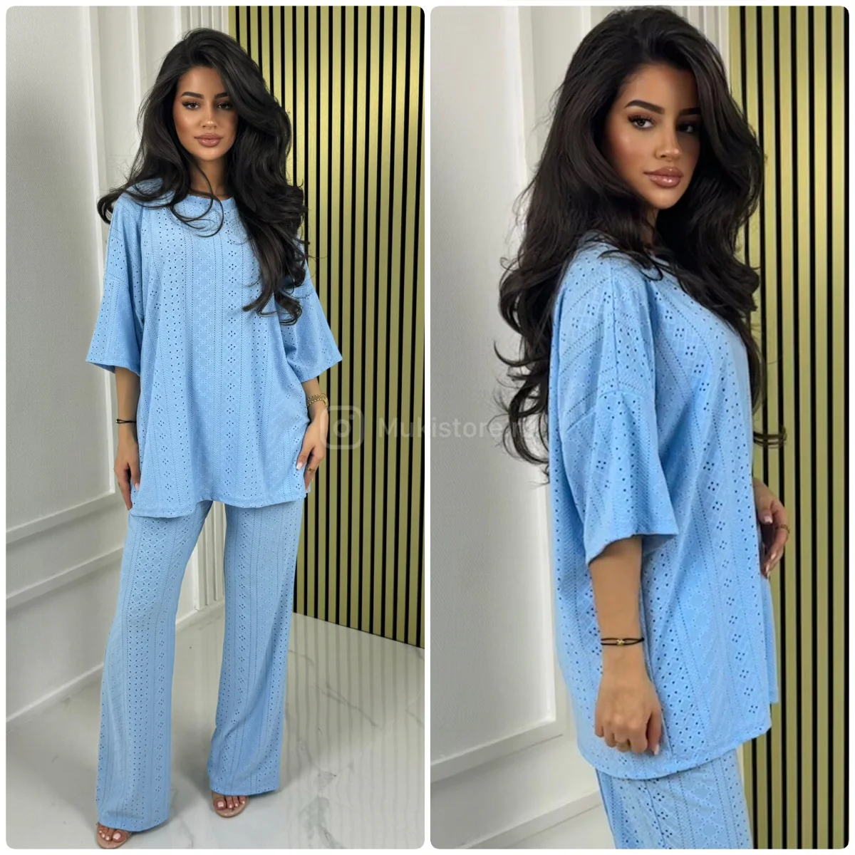 Eyelet Round Neck T-shirt + Wide Leg Pants Set - Image 8