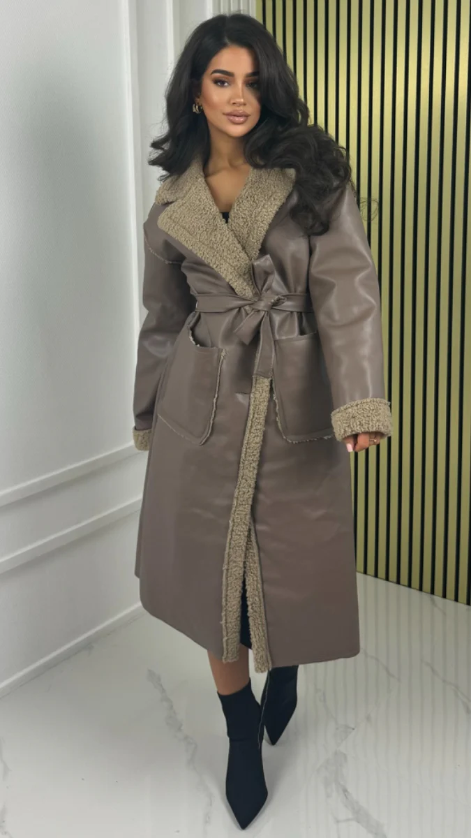 Faux Fur Leatherlook Tie Belt Jacket