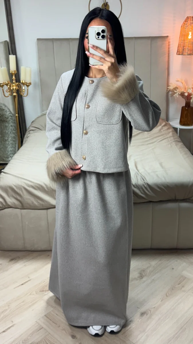 Faux Fur Sleeve Crop Cardigan Button Detail Skirt Set - Image 9