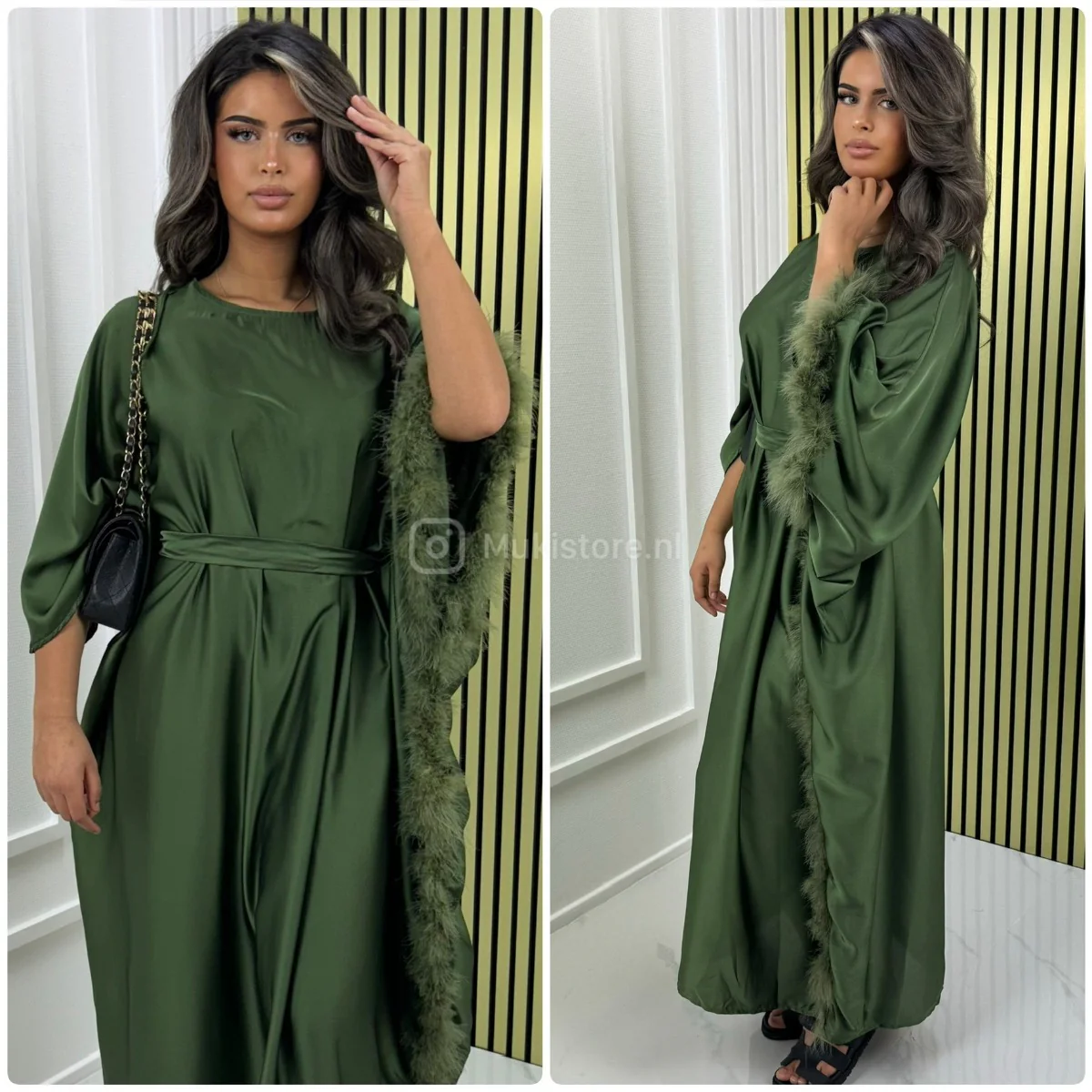 Faux Fur TIe Belt Satin Oversized Dress