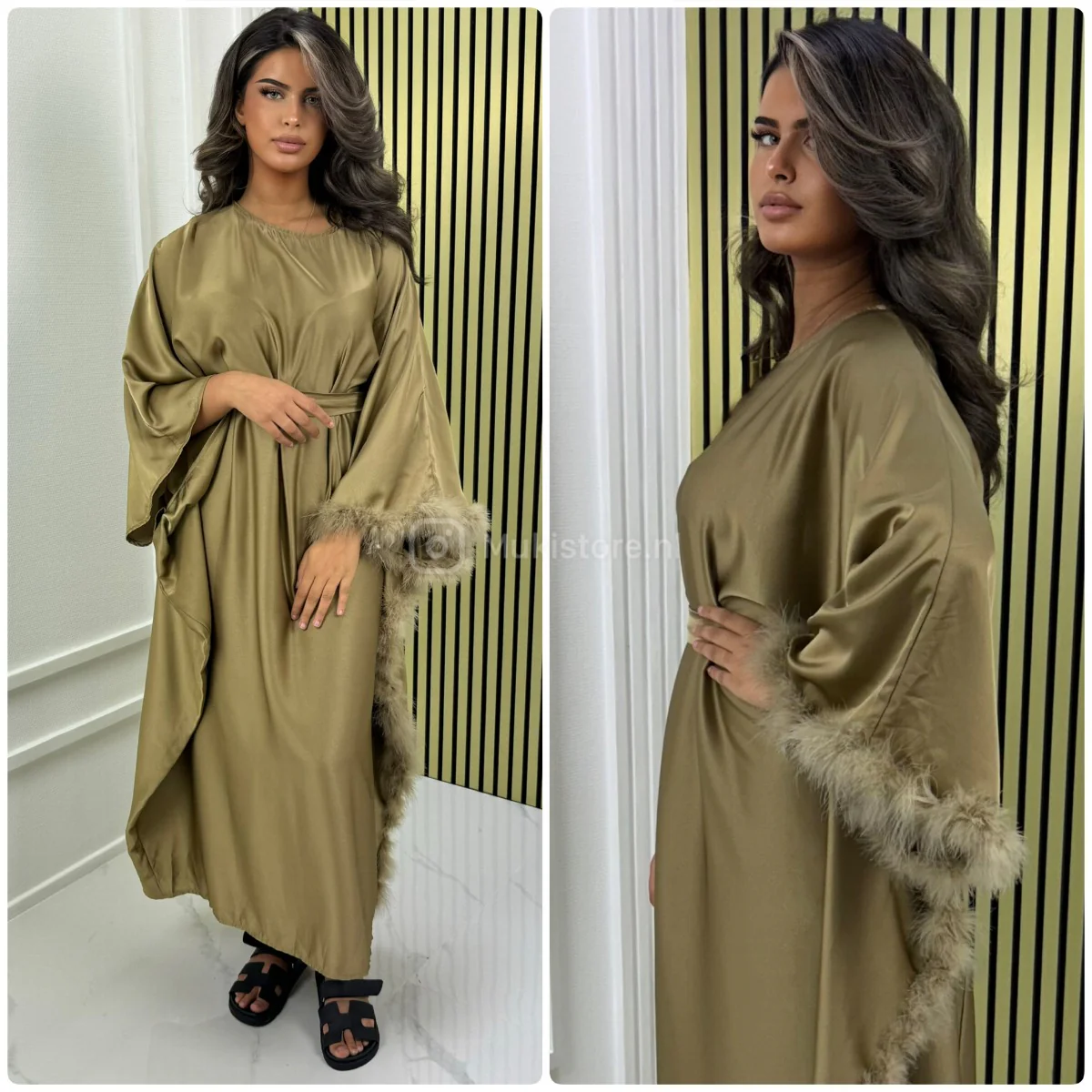 Faux Fur TIe Belt Satin Oversized Dress - Image 2