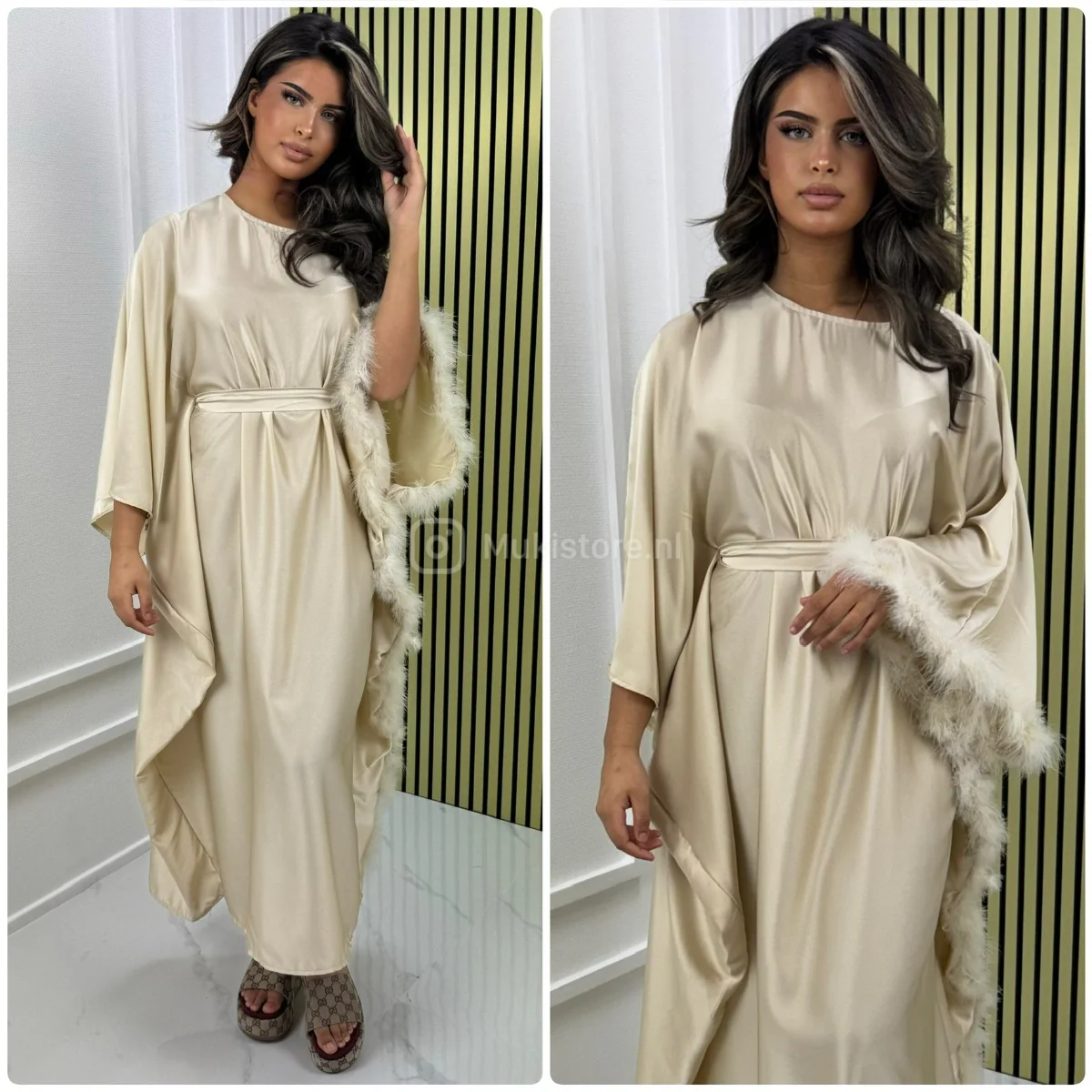 Faux Fur TIe Belt Satin Oversized Dress - Image 4