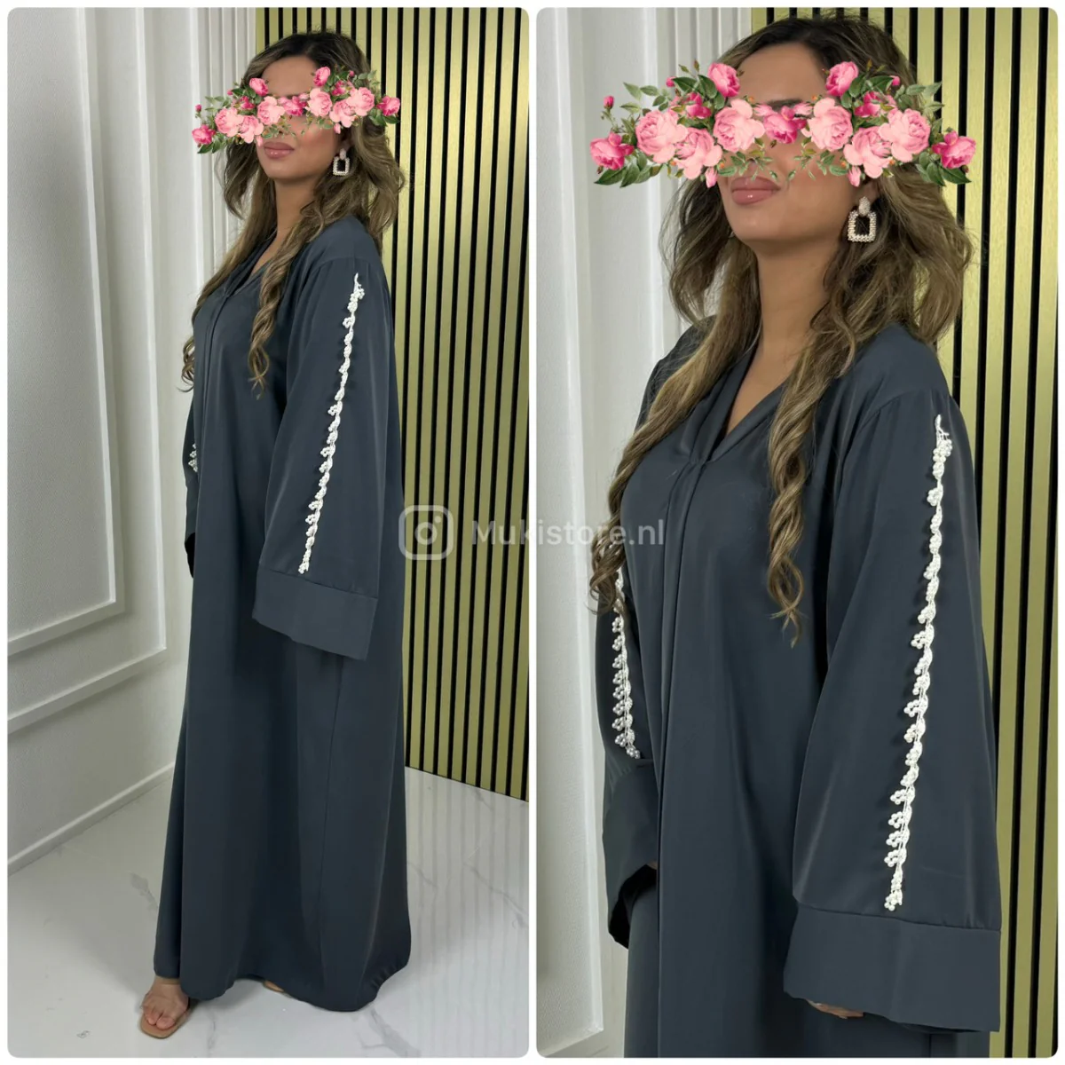 Flower Pearls Sleeve Detail Basic Oversized Dress - Image 17
