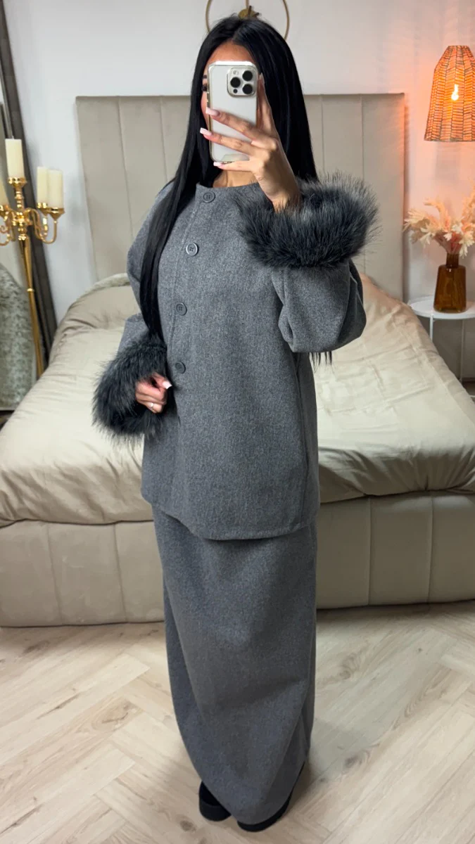 Fur Sleeve Button Cardigan Skirt Set - Image 10