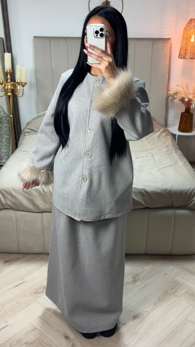 Fur Sleeve Button Cardigan Skirt Set - Image 6
