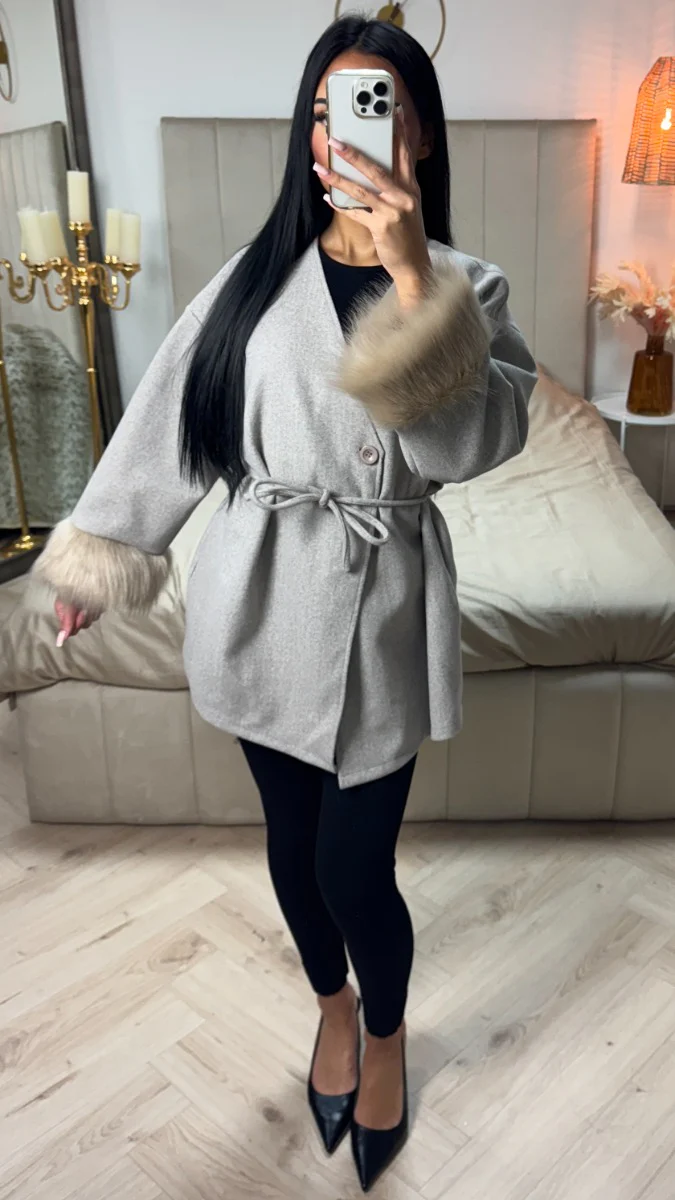 Fur Sleeve Tie Belt Button V Neck Cardigan - Image 2