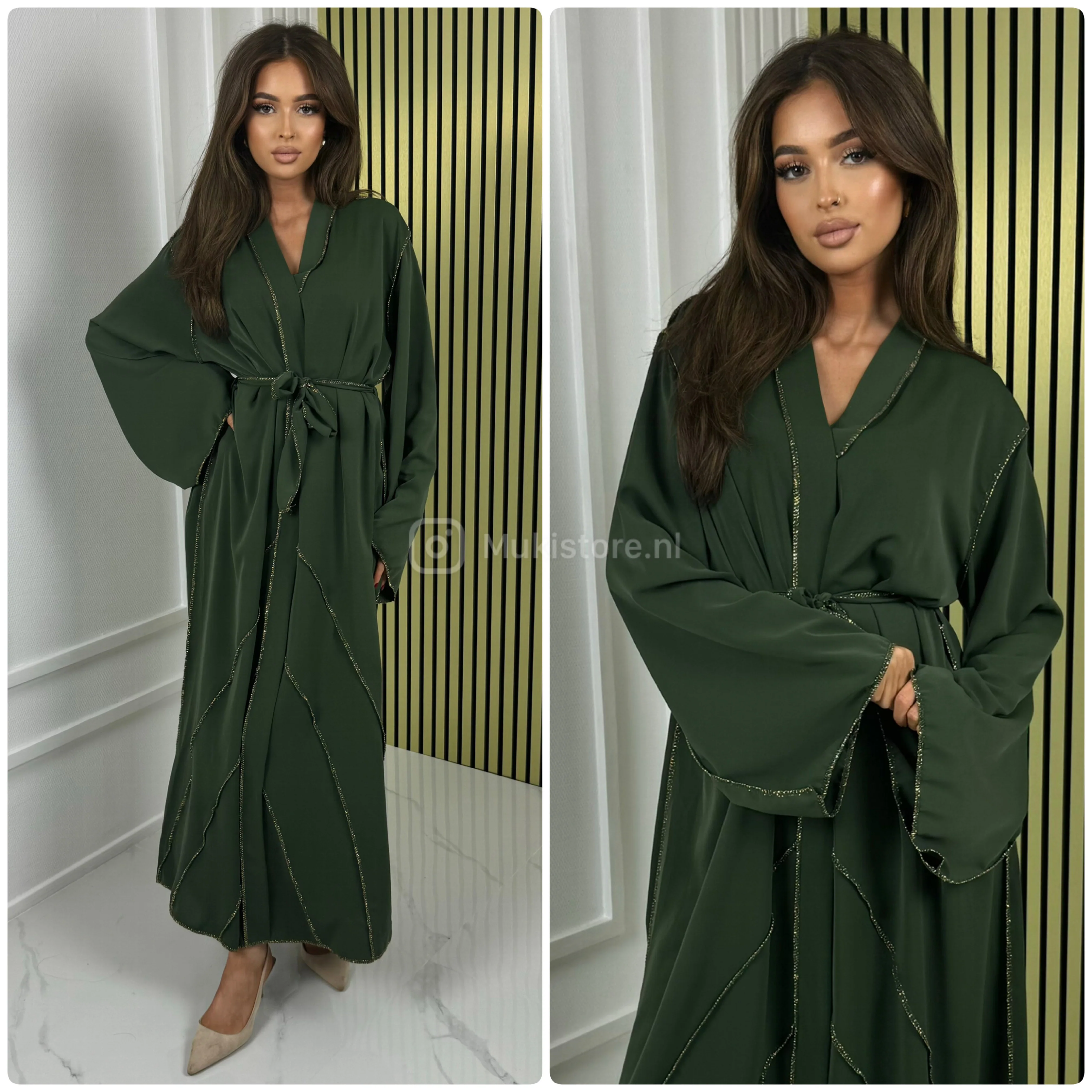 Geometric Golden Seam Tie Belt Dress Wide Sleeves - Image 11
