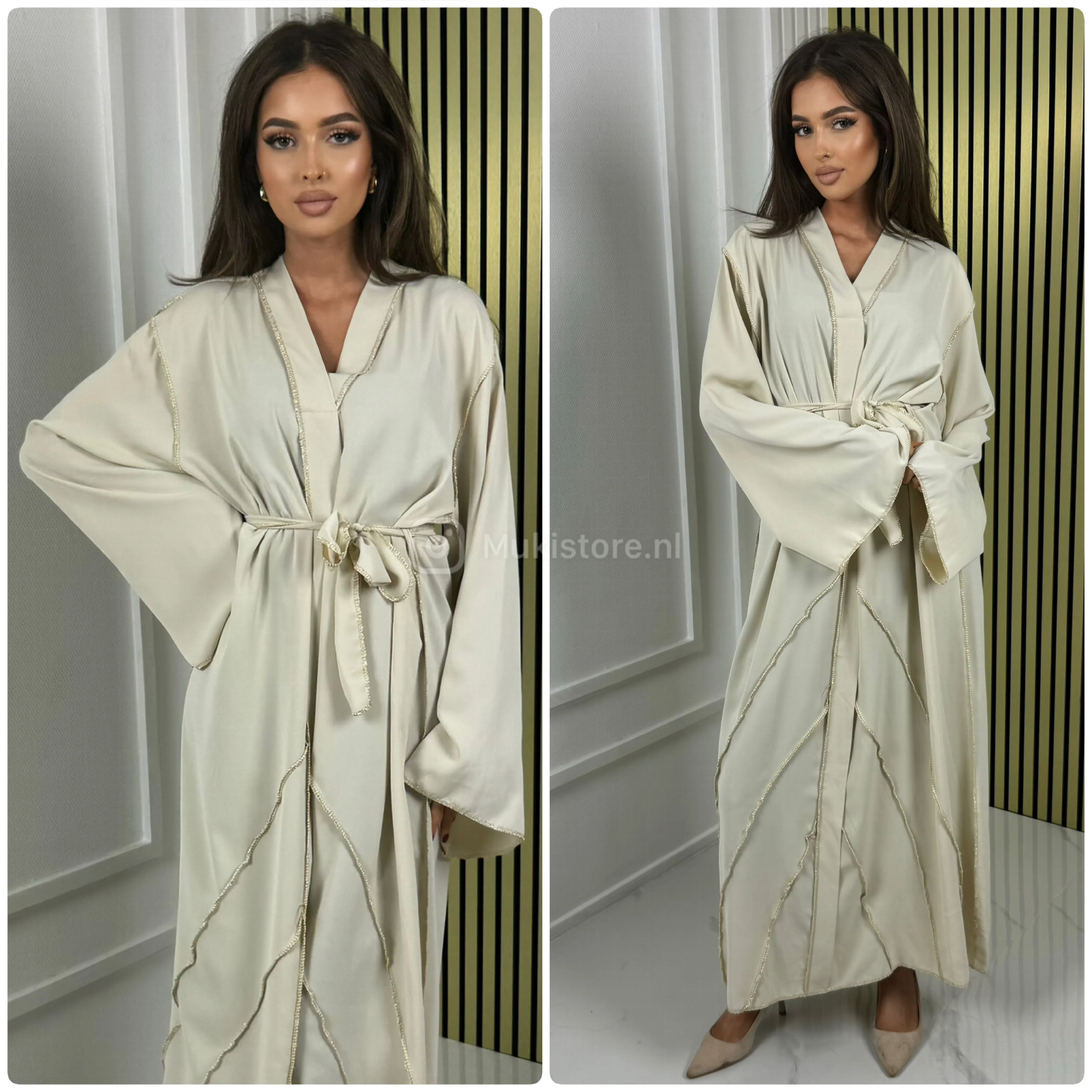 Geometric Golden Seam Tie Belt Dress Wide Sleeves - Image 9