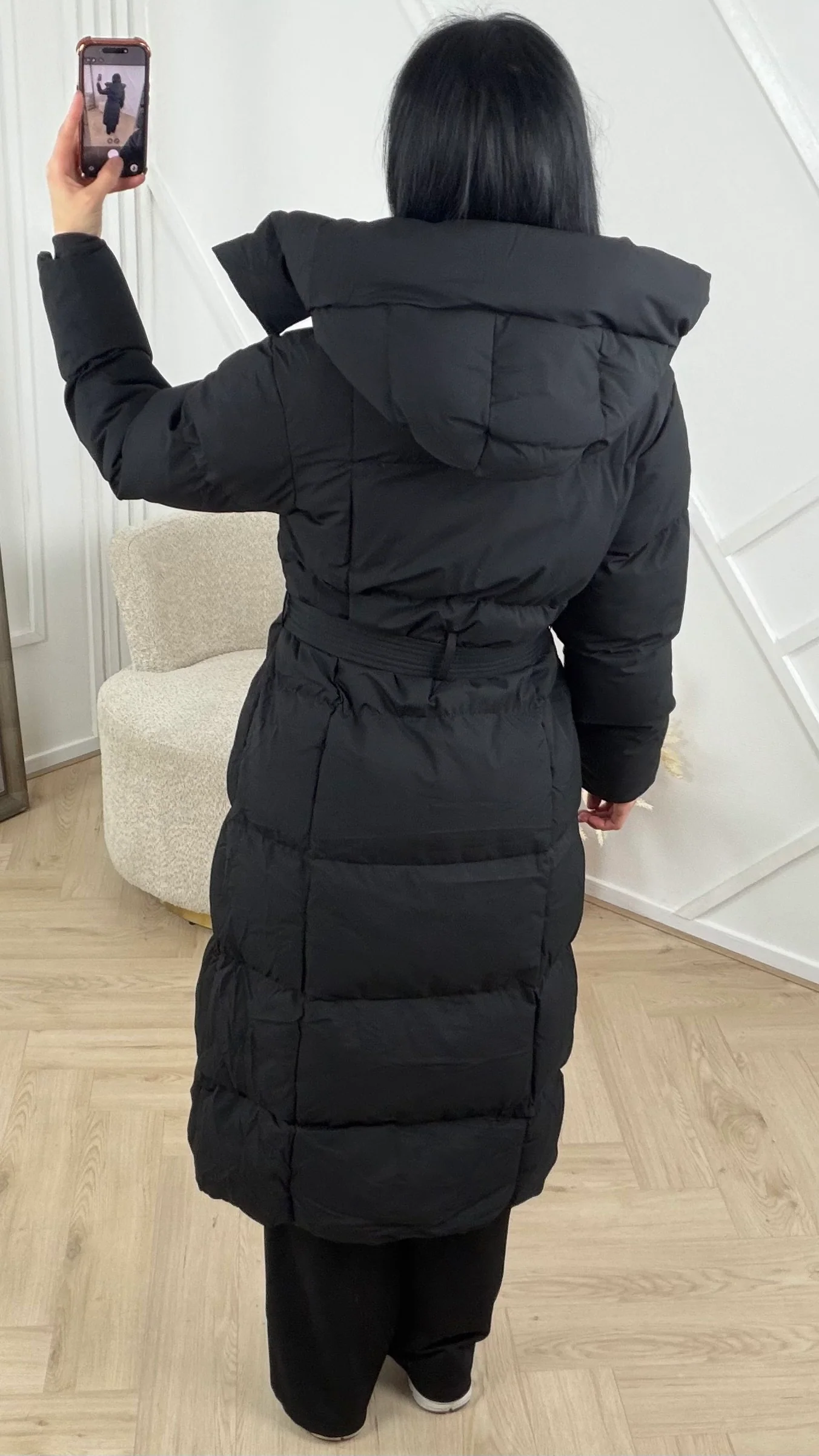 Gewatteerde Lange Puffer Jas met Capuchon en Ceintuur - Image 3
