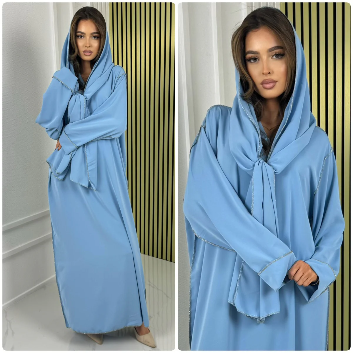 Glossy Headscarf Dress Golden Seam Detail Abaya - Image 10