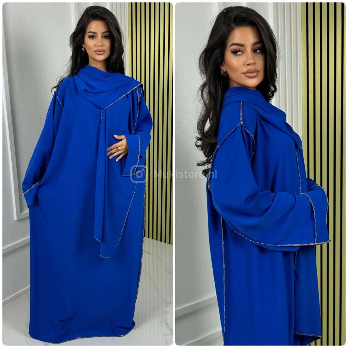 Glossy Headscarf Dress Golden Seam Detail Abaya - Image 3
