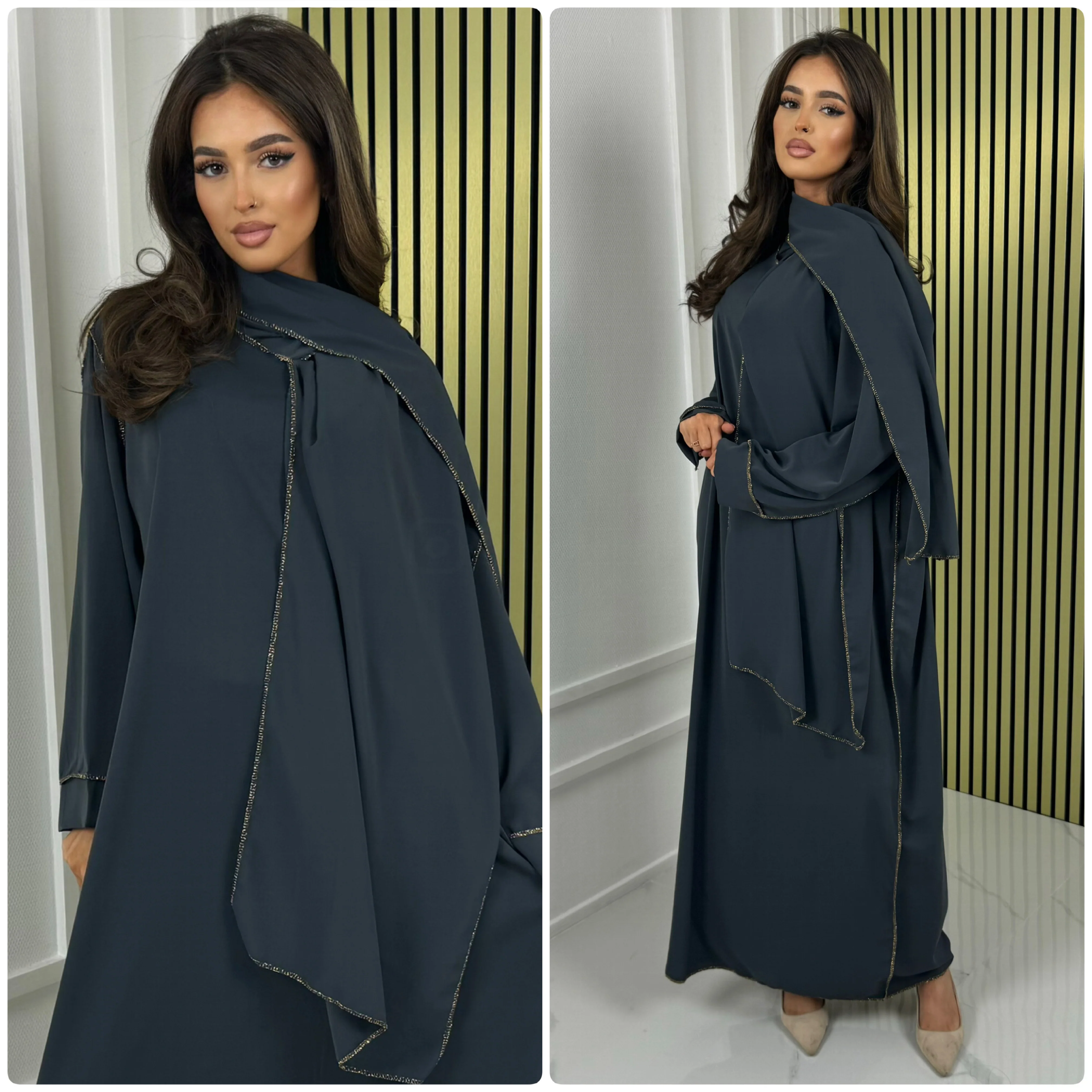 Glossy Headscarf Dress Golden Seam Detail Abaya - Image 30