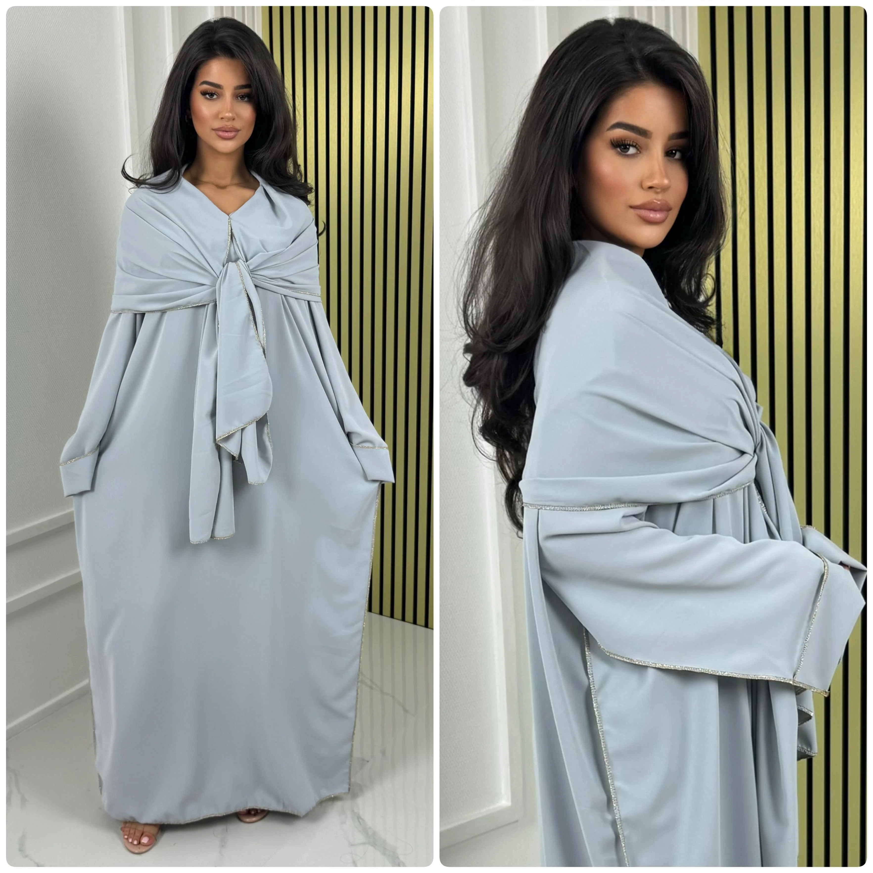 Glossy Headscarf Dress Golden Seam Detail Abaya - Image 34