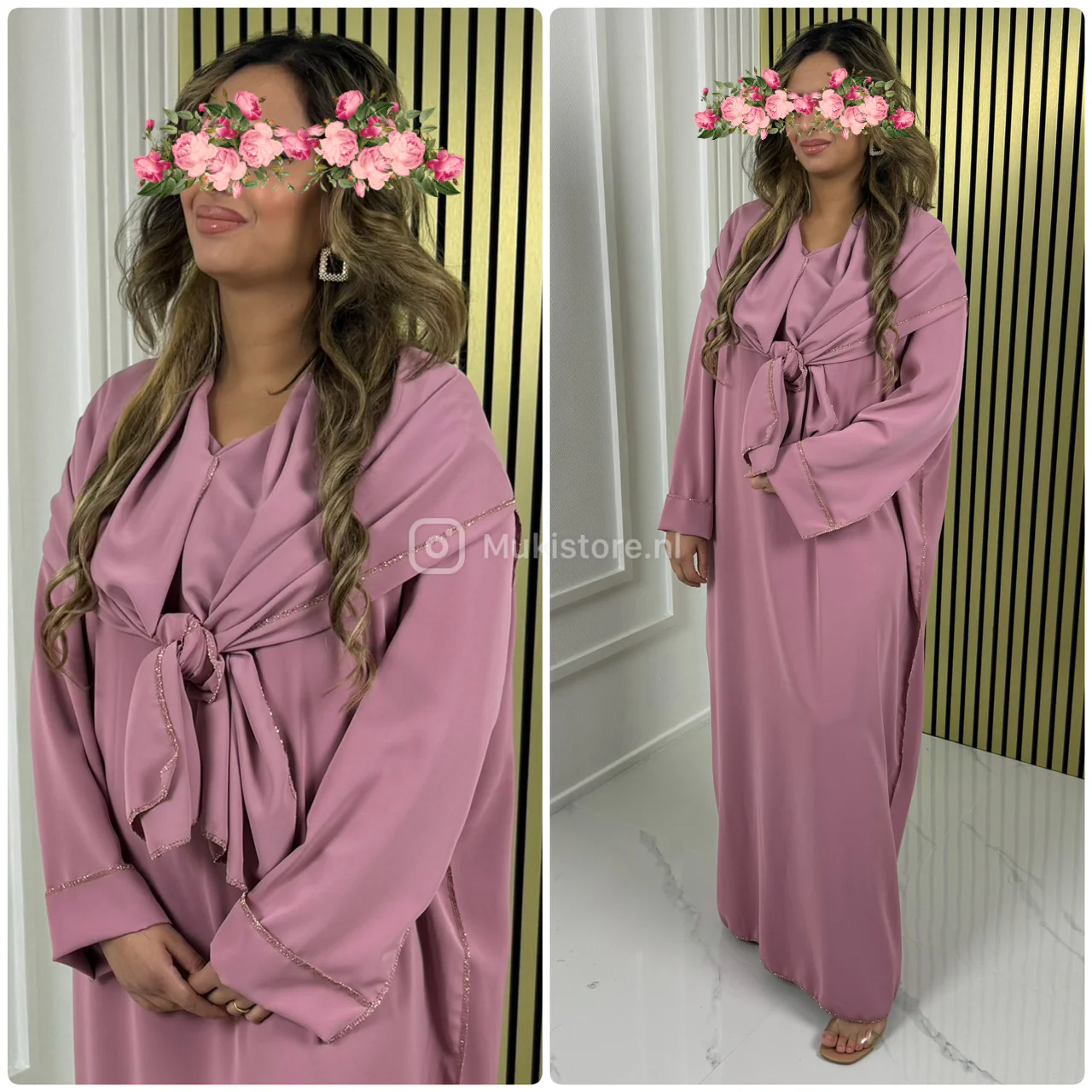 Glossy Headscarf Dress Golden Seam Detail Abaya - Image 41
