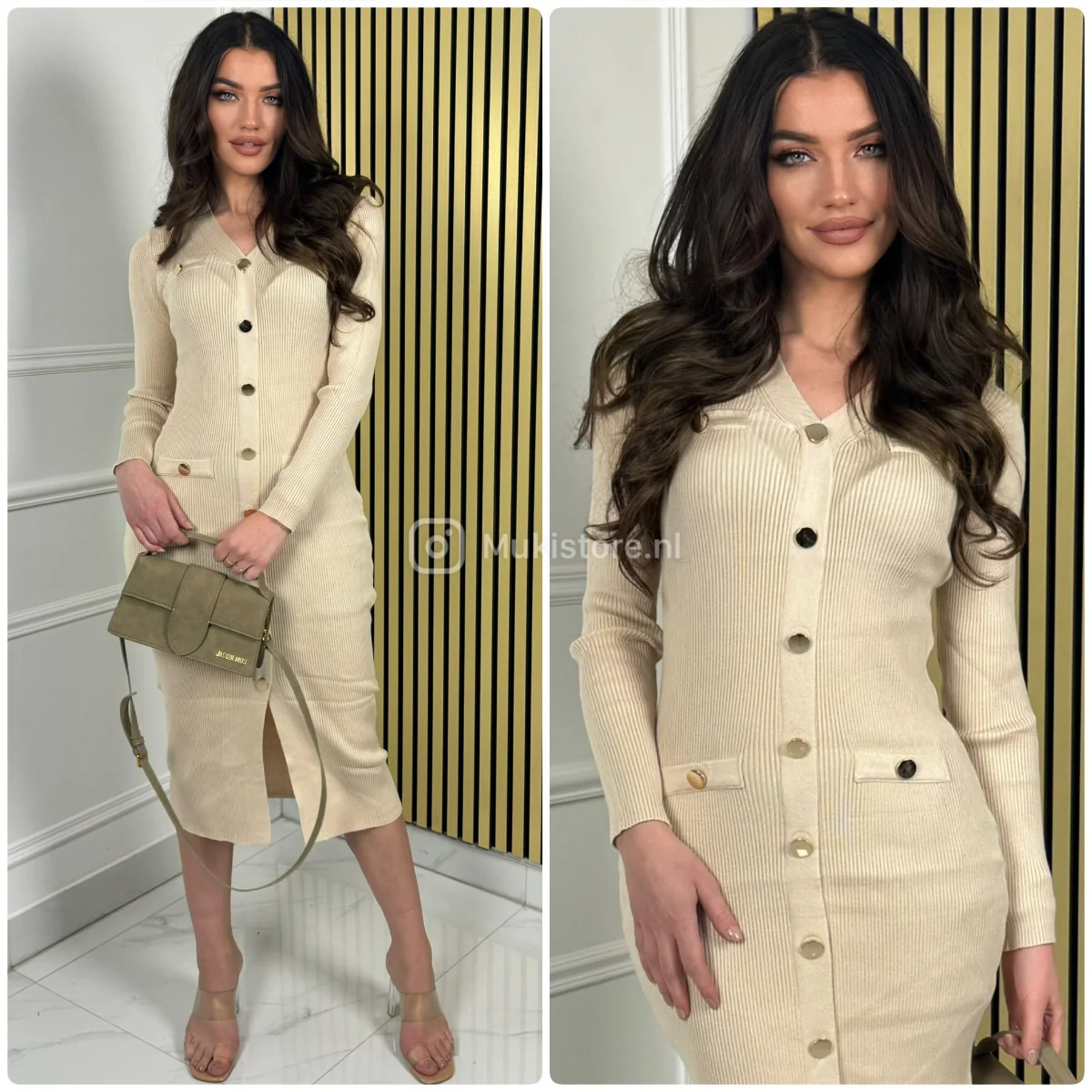 Golden Buttons Stretch Ribbed Dress M9007 - Image 2