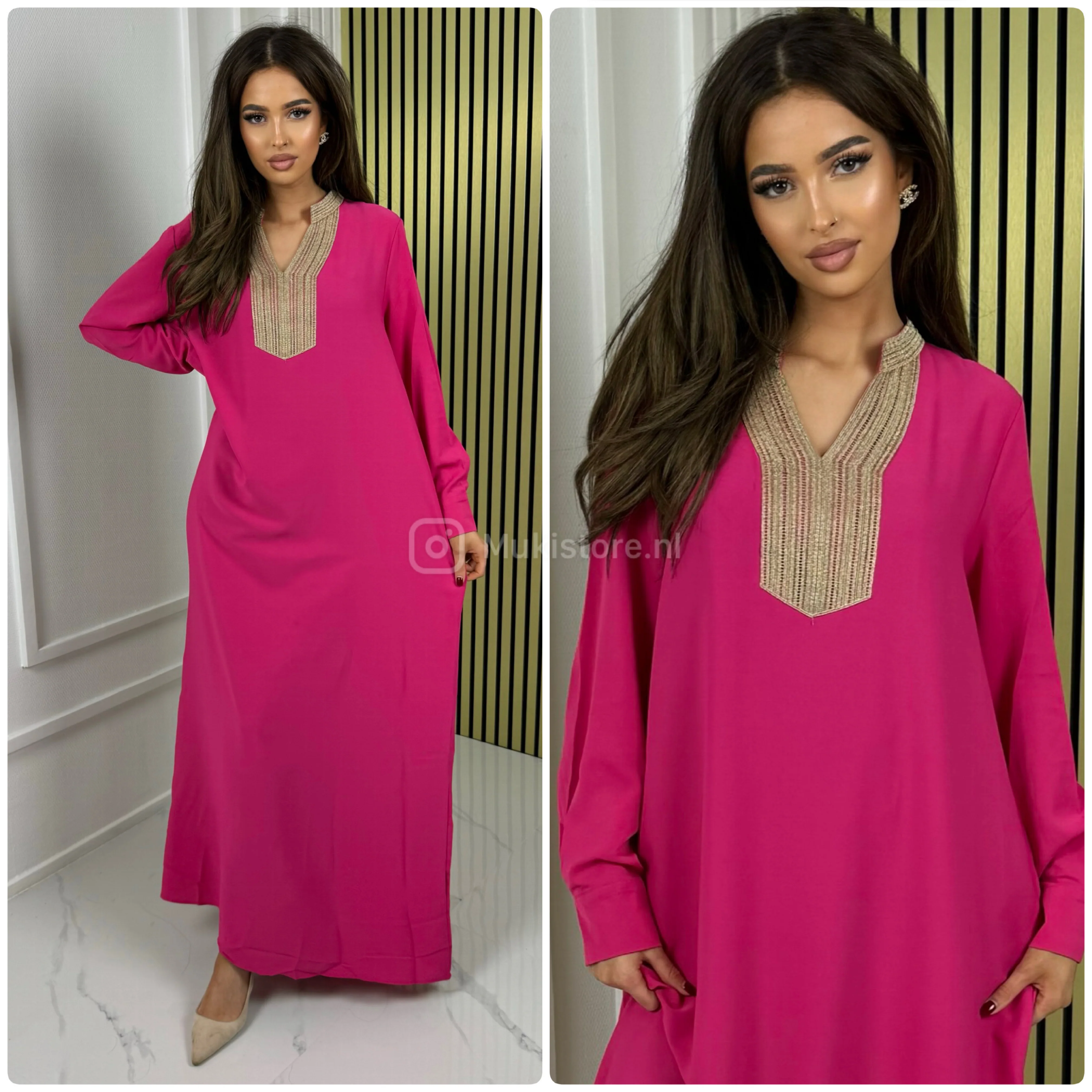 Golden Embroidery V Neck Collar Maxi Dress M5177 - Image 10