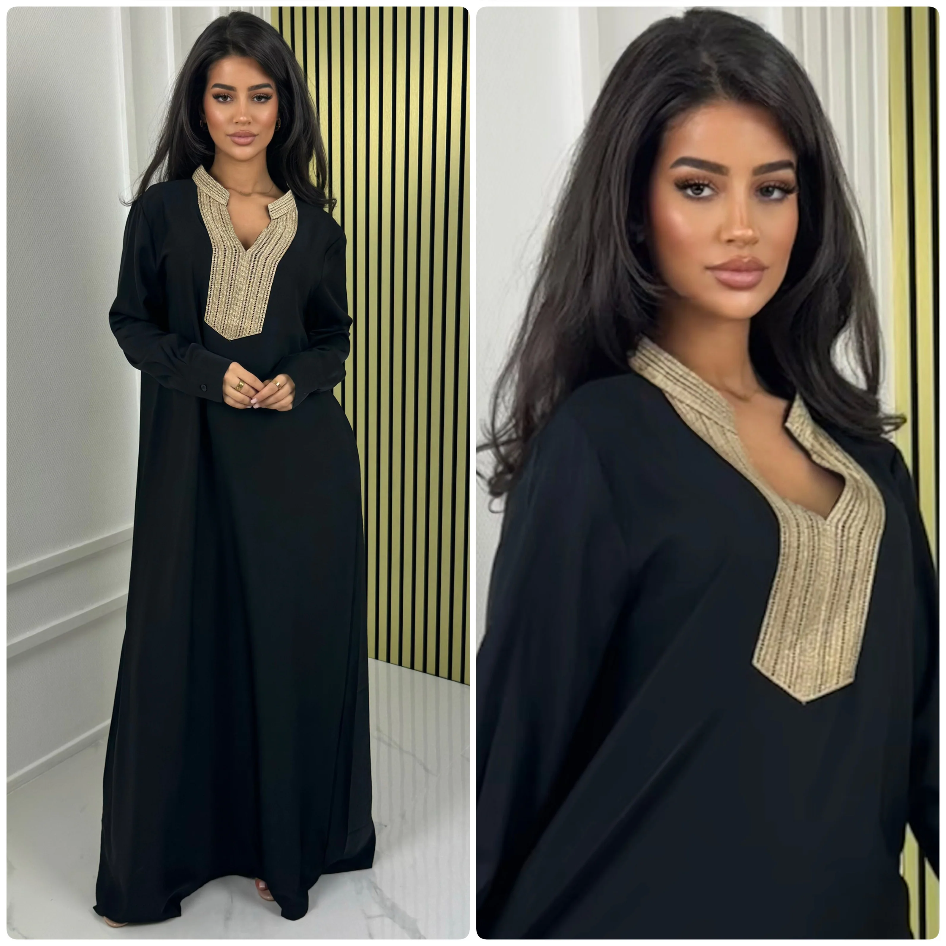 Golden Embroidery V Neck Collar Maxi Dress M5177 - Image 30