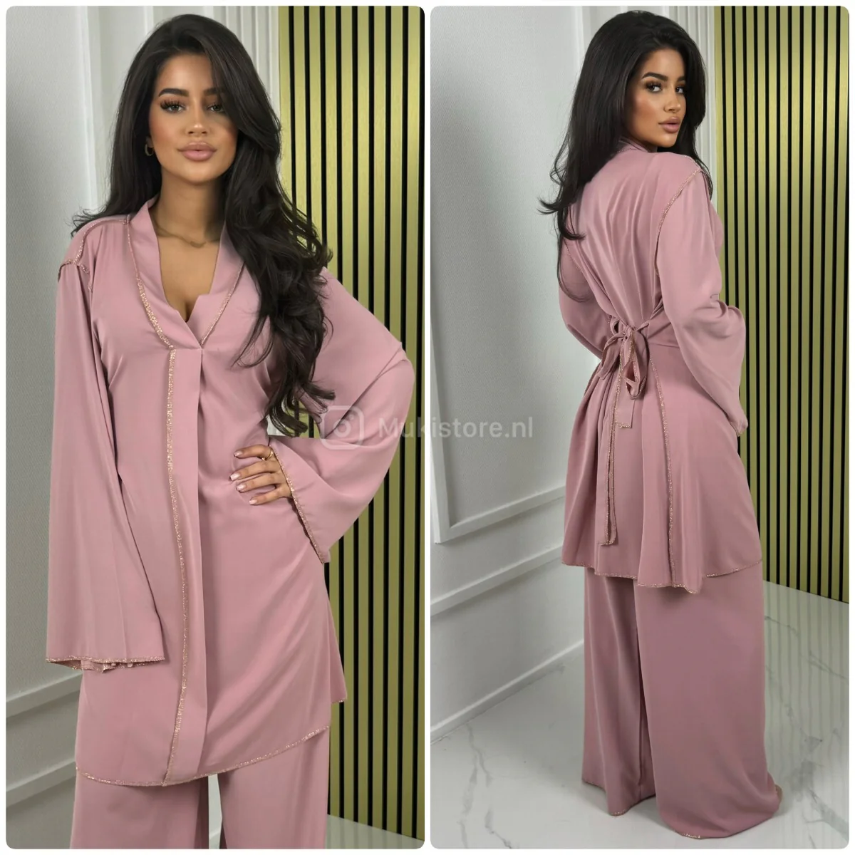 Golden Seam V Neck Tie Belt Wide Leg Set - Image 9