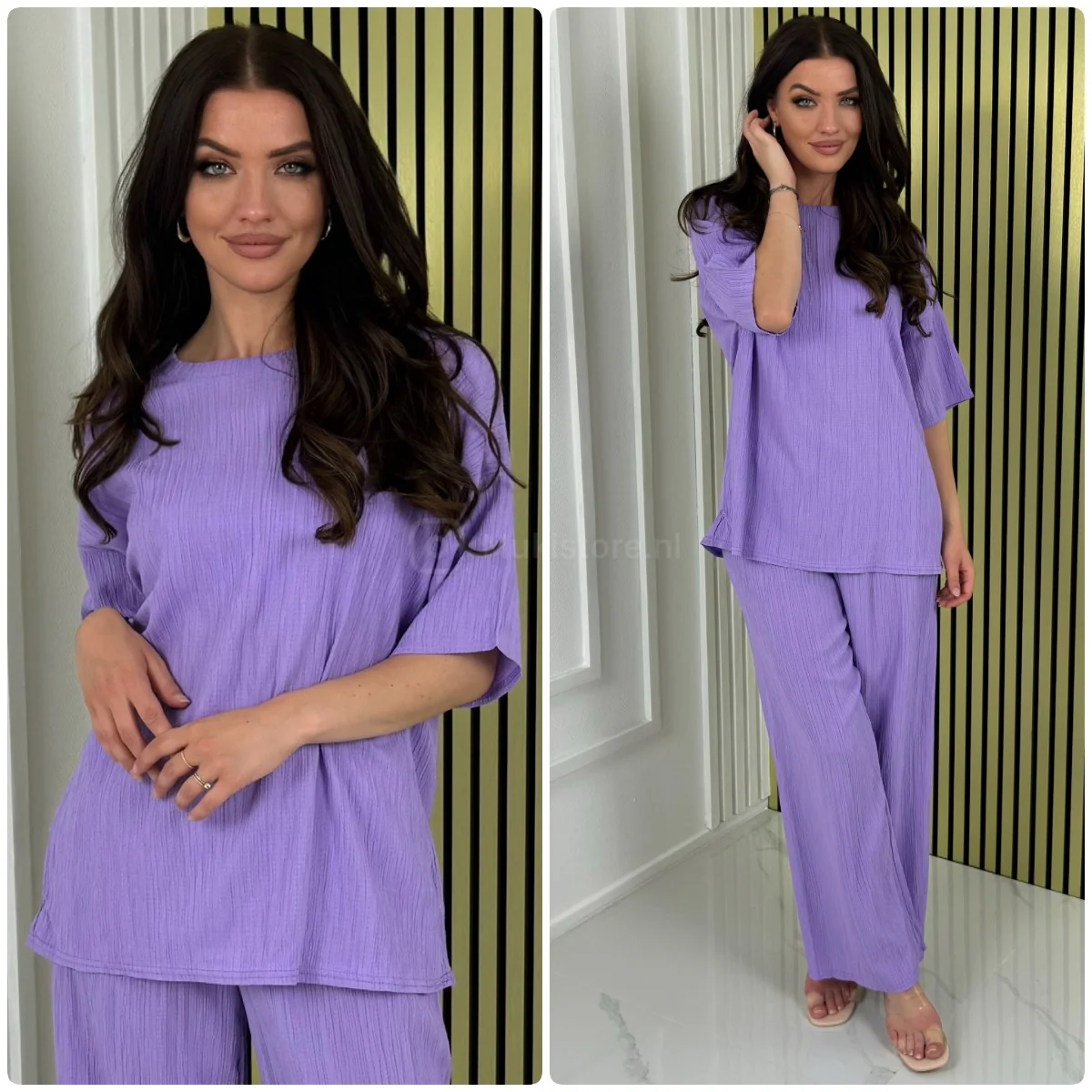 Half Sleeves Stripe Material Basic Wide Leg Set - Image 10