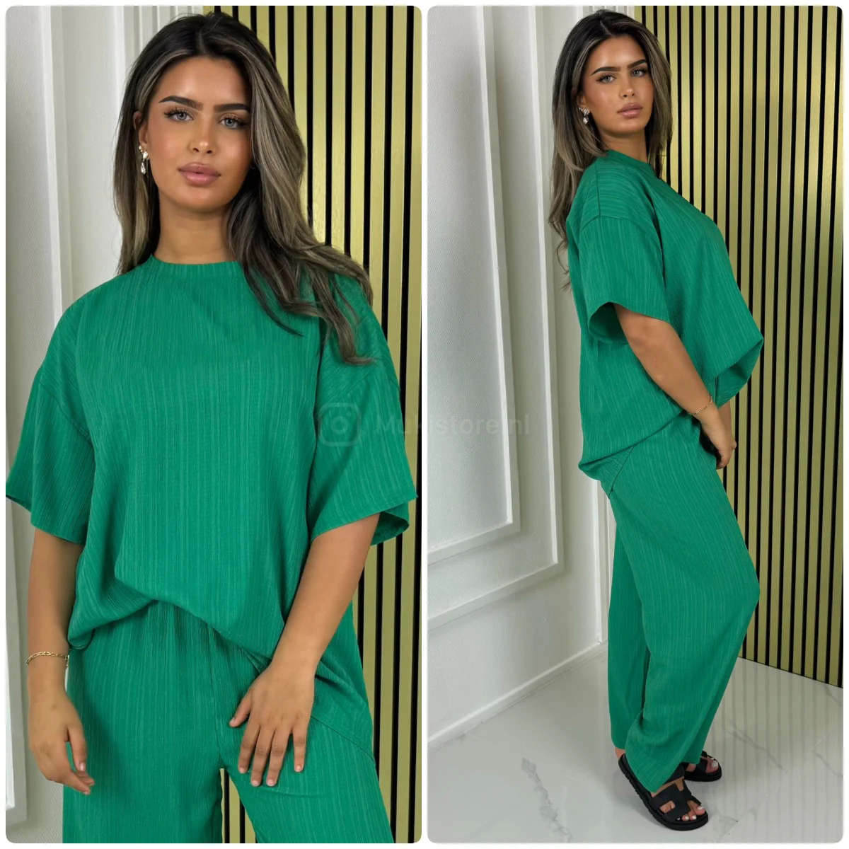 Half Sleeves Stripe Material Basic Wide Leg Set - Image 2