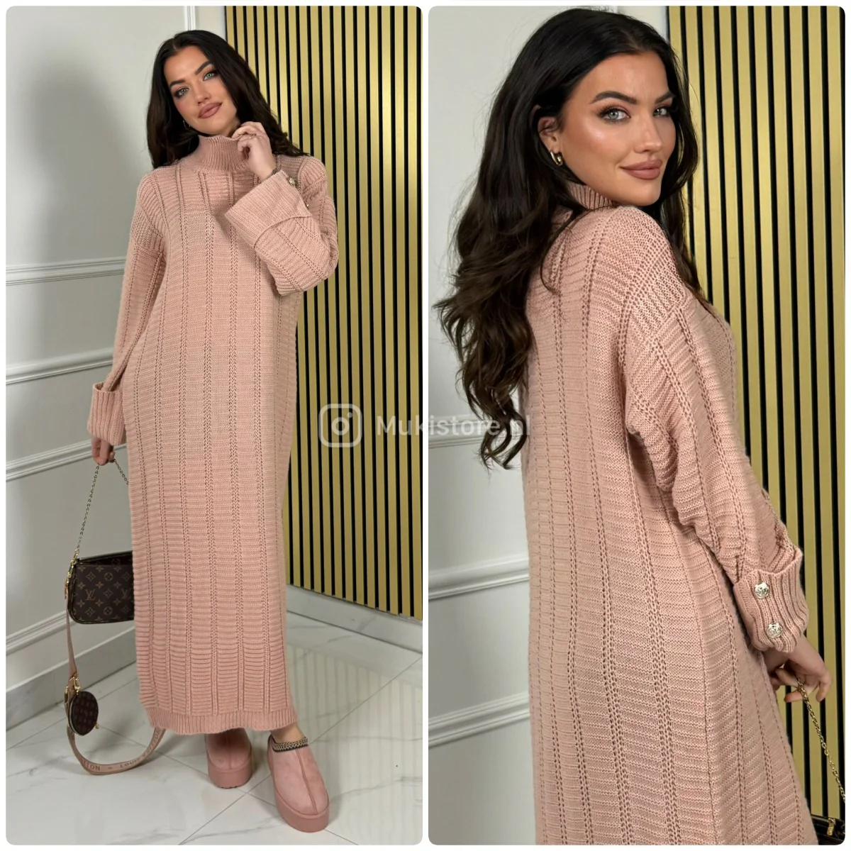 High Neck Oversized Dress Folded Sleeves Golden Buttons - Image 15