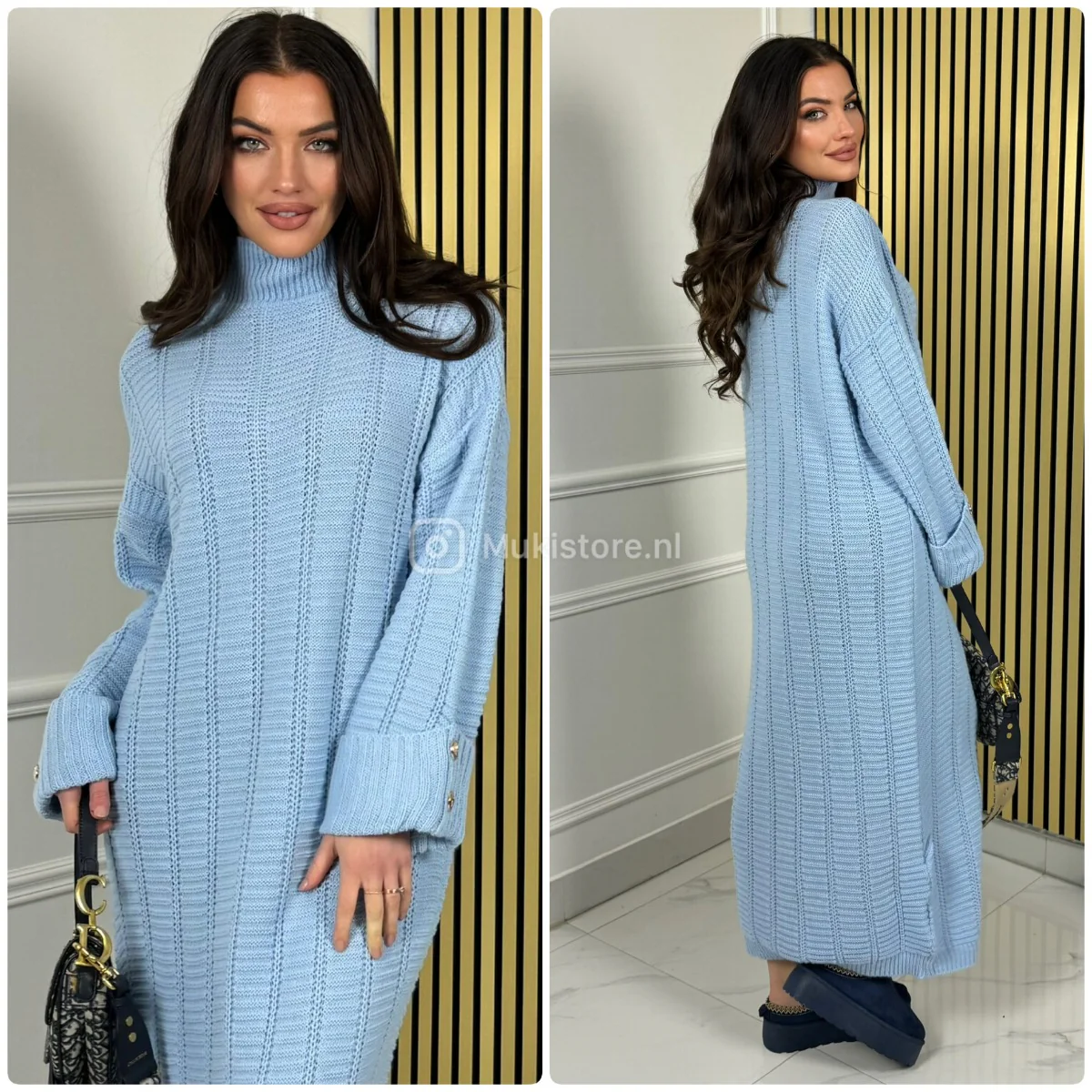 High Neck Oversized Dress Folded Sleeves Golden Buttons - Image 9