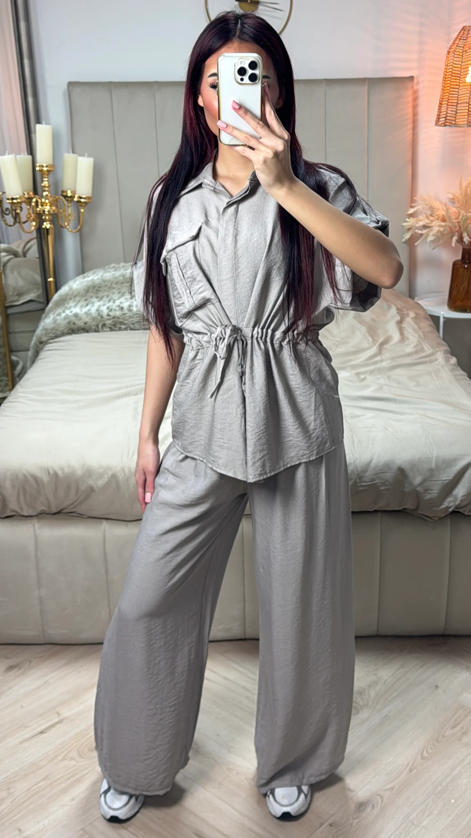 Integrated Waist Tie Belt Golden Button Shoulder Detail