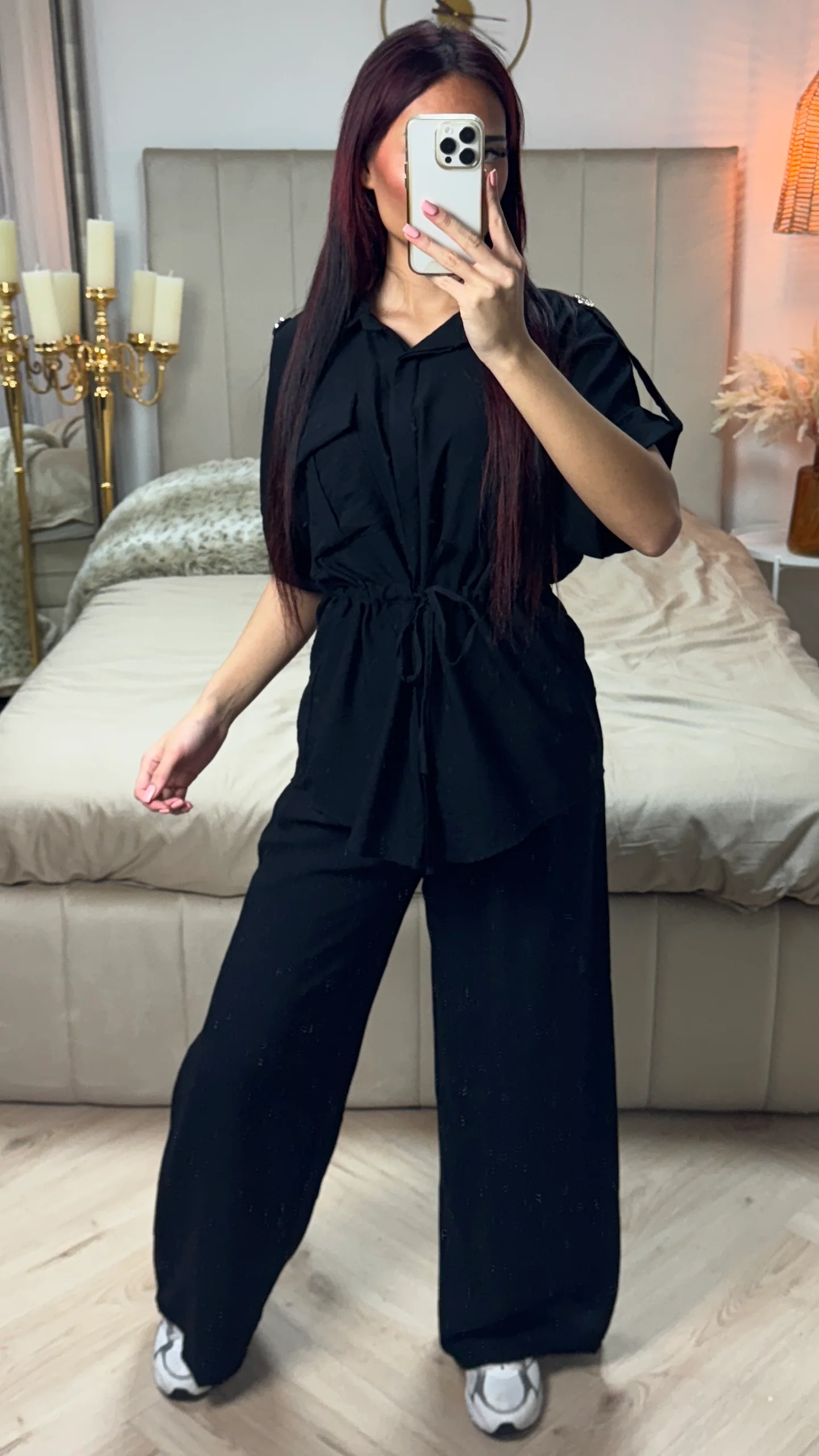 Integrated Waist Tie Belt Golden Button Shoulder Detail - Image 10