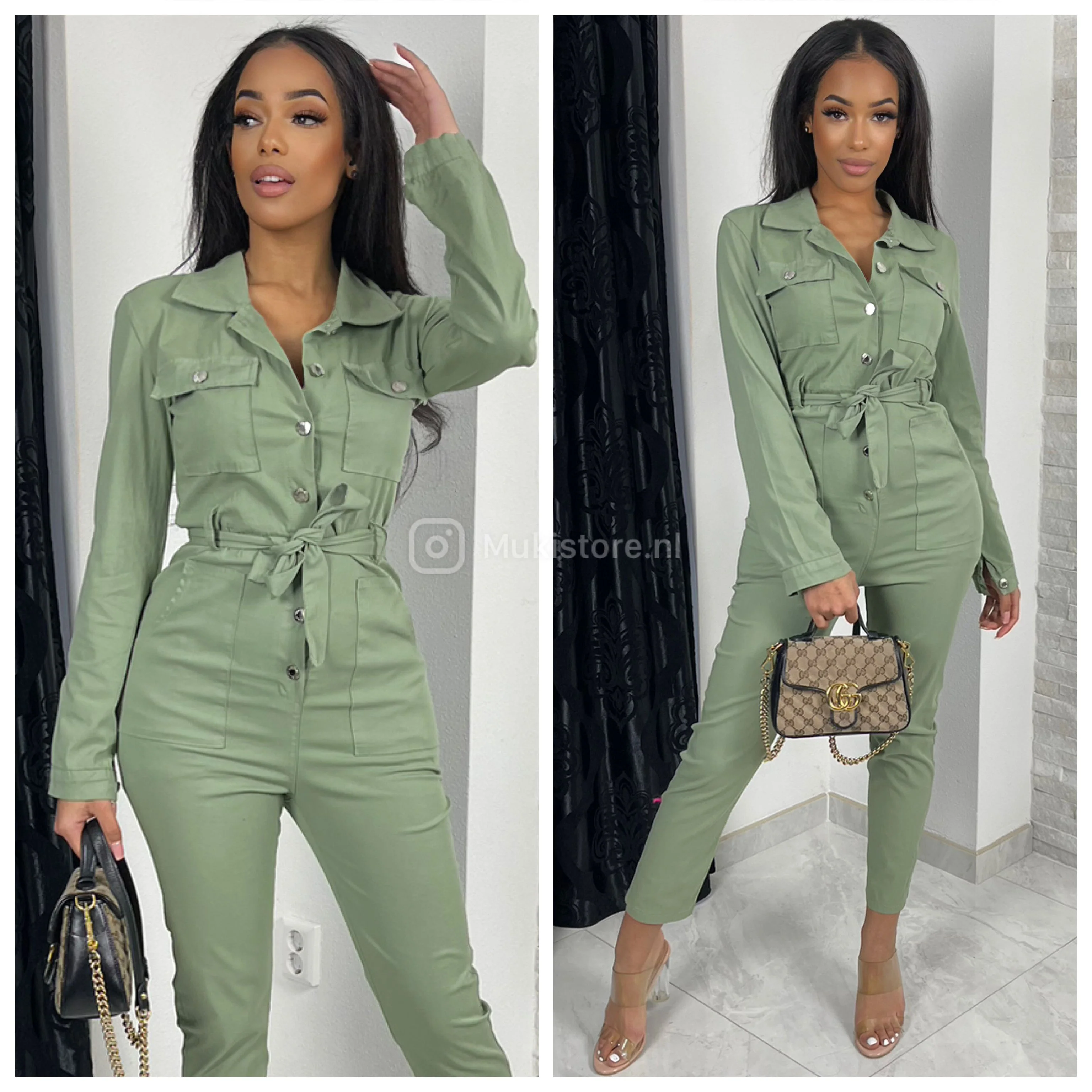 Jumpsuit Pockets Silver Buttons Tie Belt - Image 10