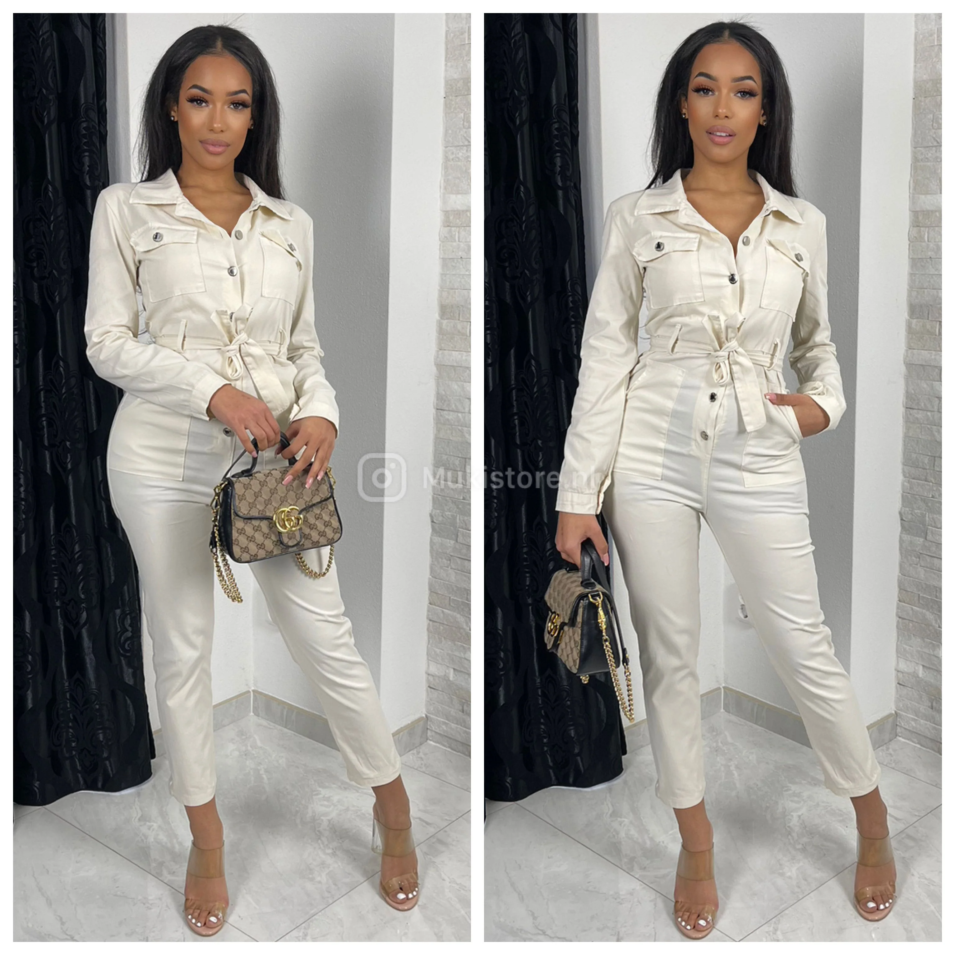Jumpsuit Pockets Silver Buttons Tie Belt - Image 8