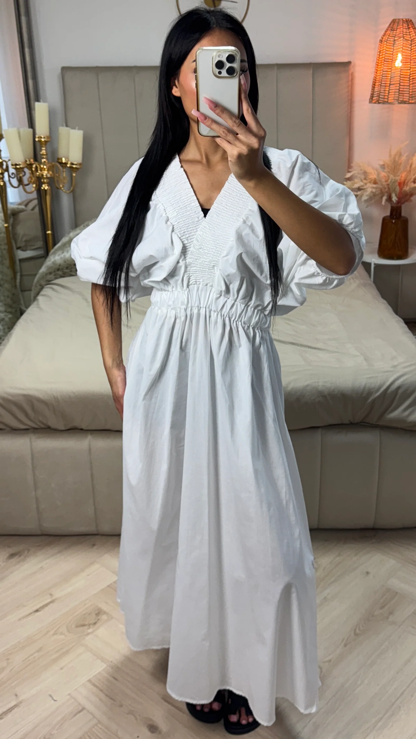 Katoenen Maxi Jurk met Pofmouwen & Gesmokte Taille