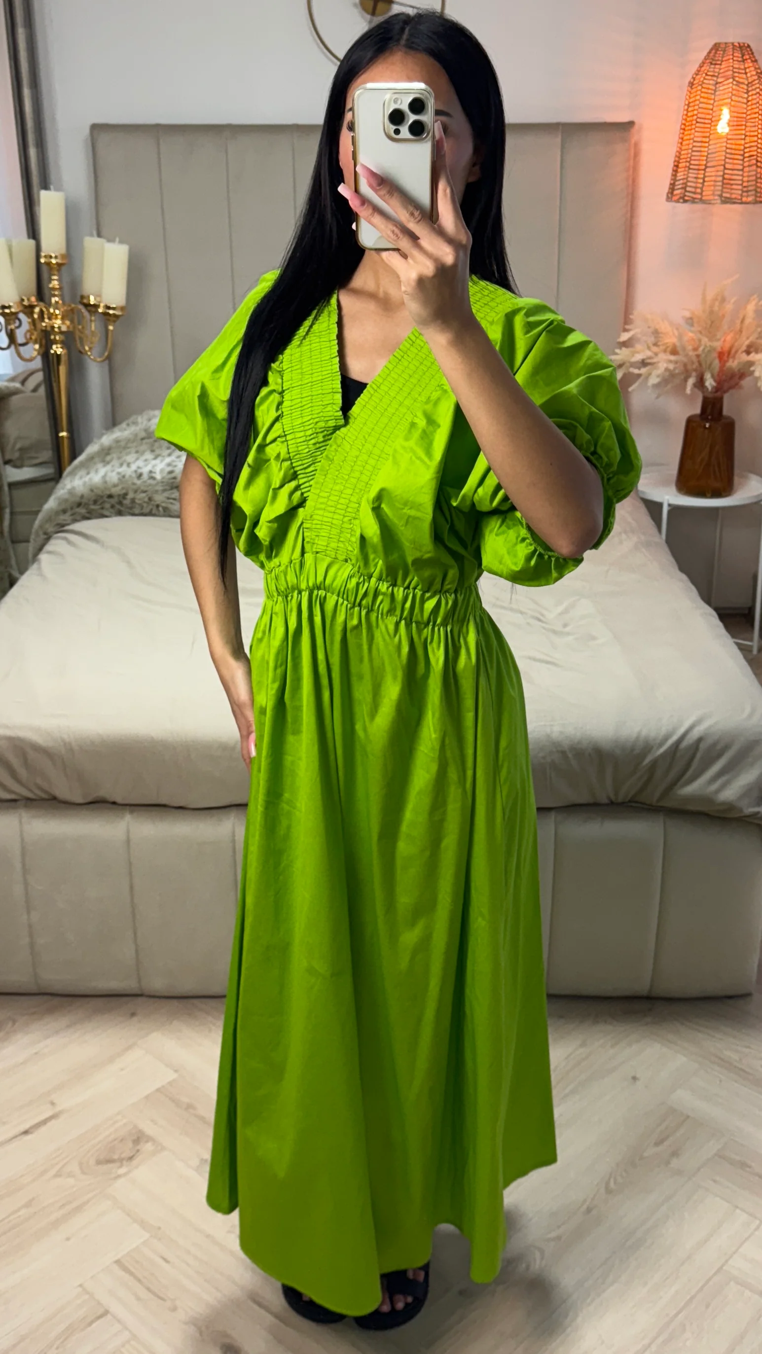 Katoenen Maxi Jurk met Pofmouwen & Gesmokte Taille - Image 6