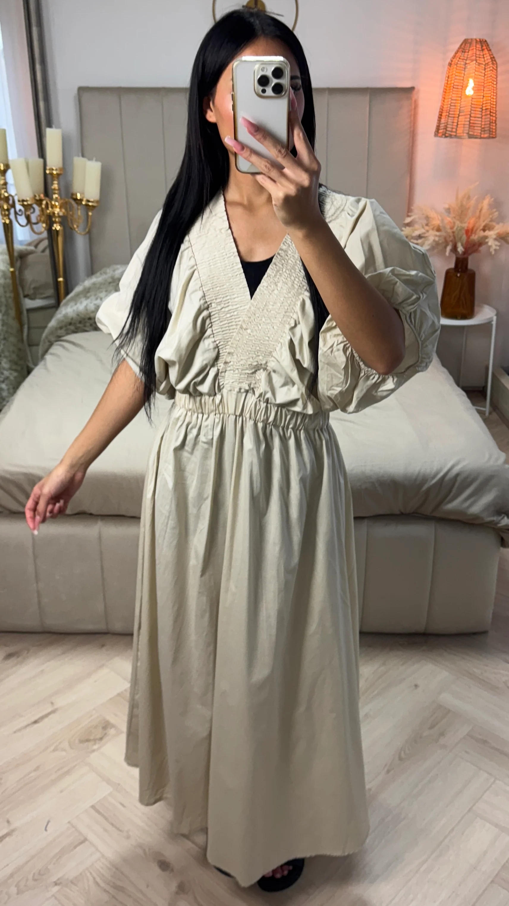 Katoenen Maxi Jurk met Pofmouwen & Gesmokte Taille - Image 8