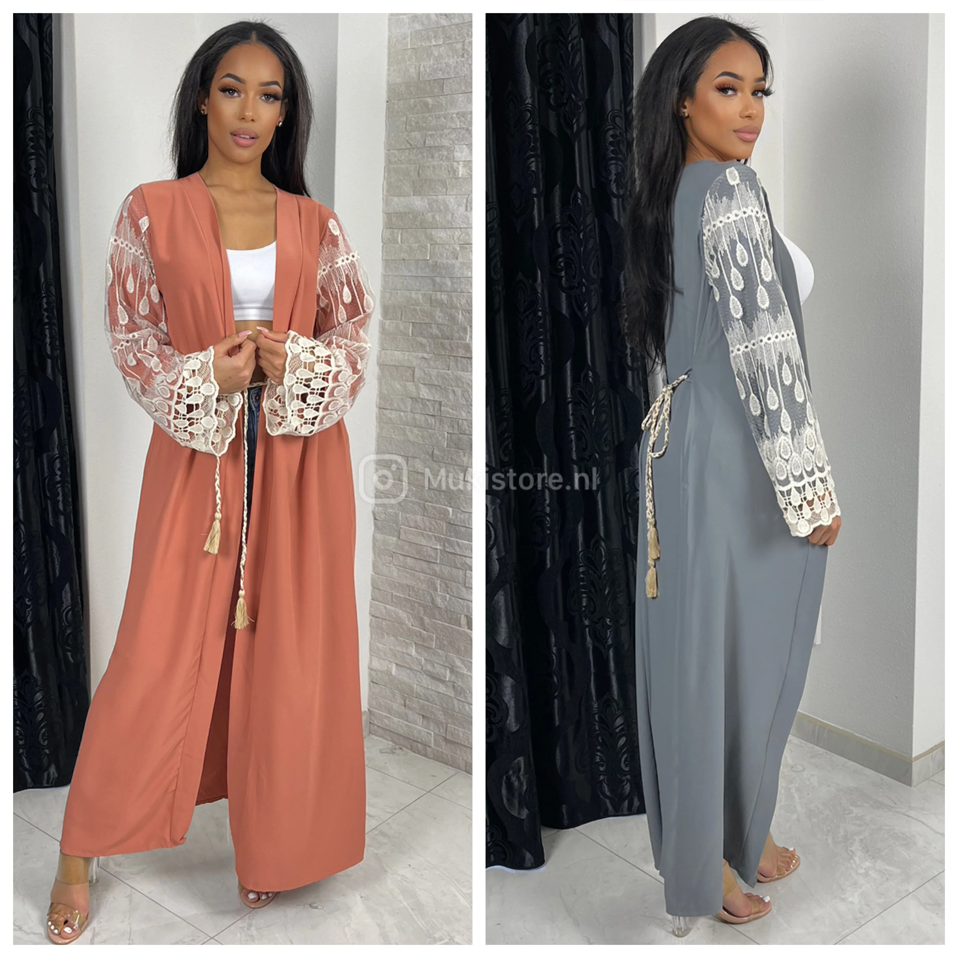Kimono Tie Belt Lace Detail Sleeves - Image 9