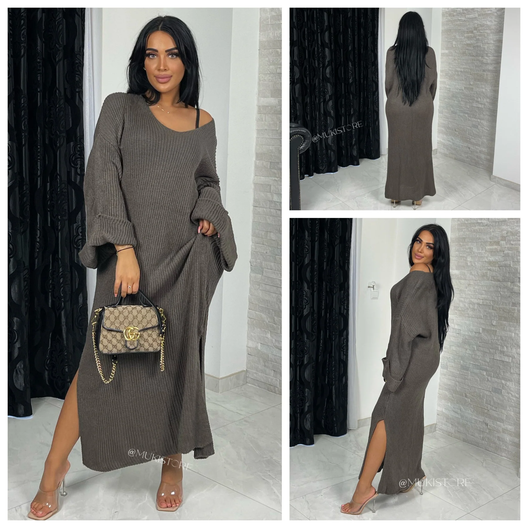Knitted Maxi V Neck Dress Double Splits 22097 - Image 14