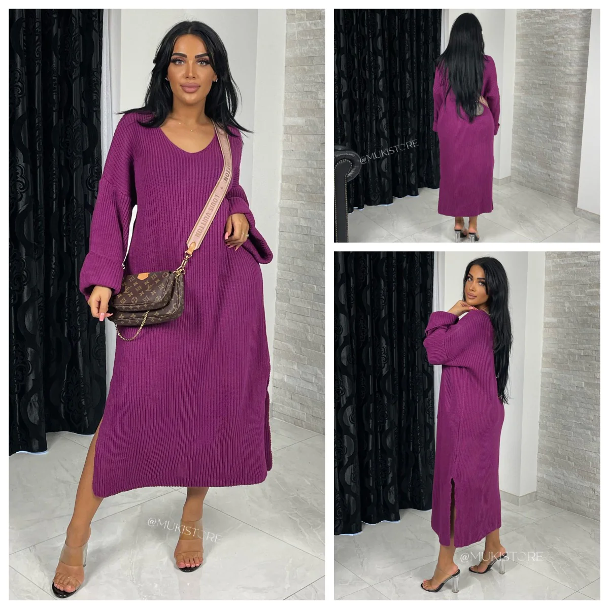 Knitted Maxi V Neck Dress Double Splits 22097 - Image 3