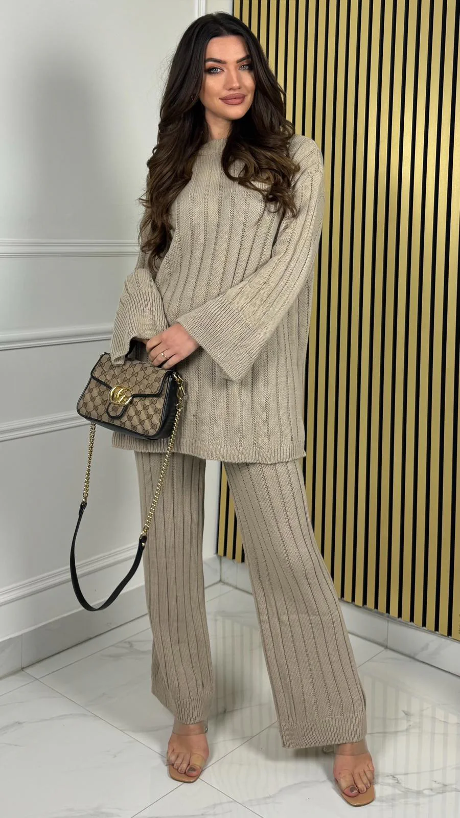 Knitted Wide-Leg Set met Lange Top & Wijde Mouwen 23535