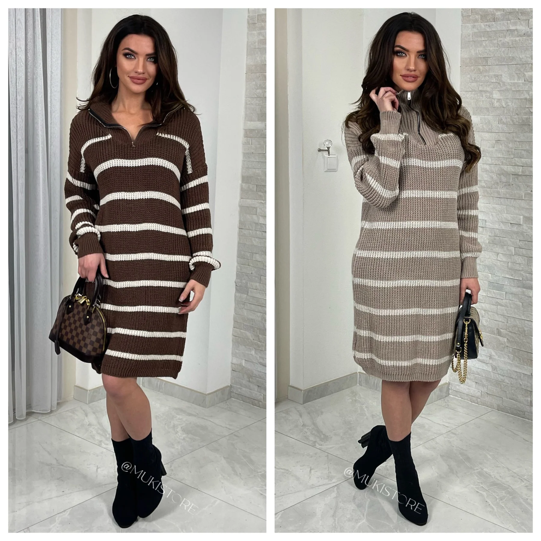 Knitwear Long Dress Striped Zipper Detail - Image 5