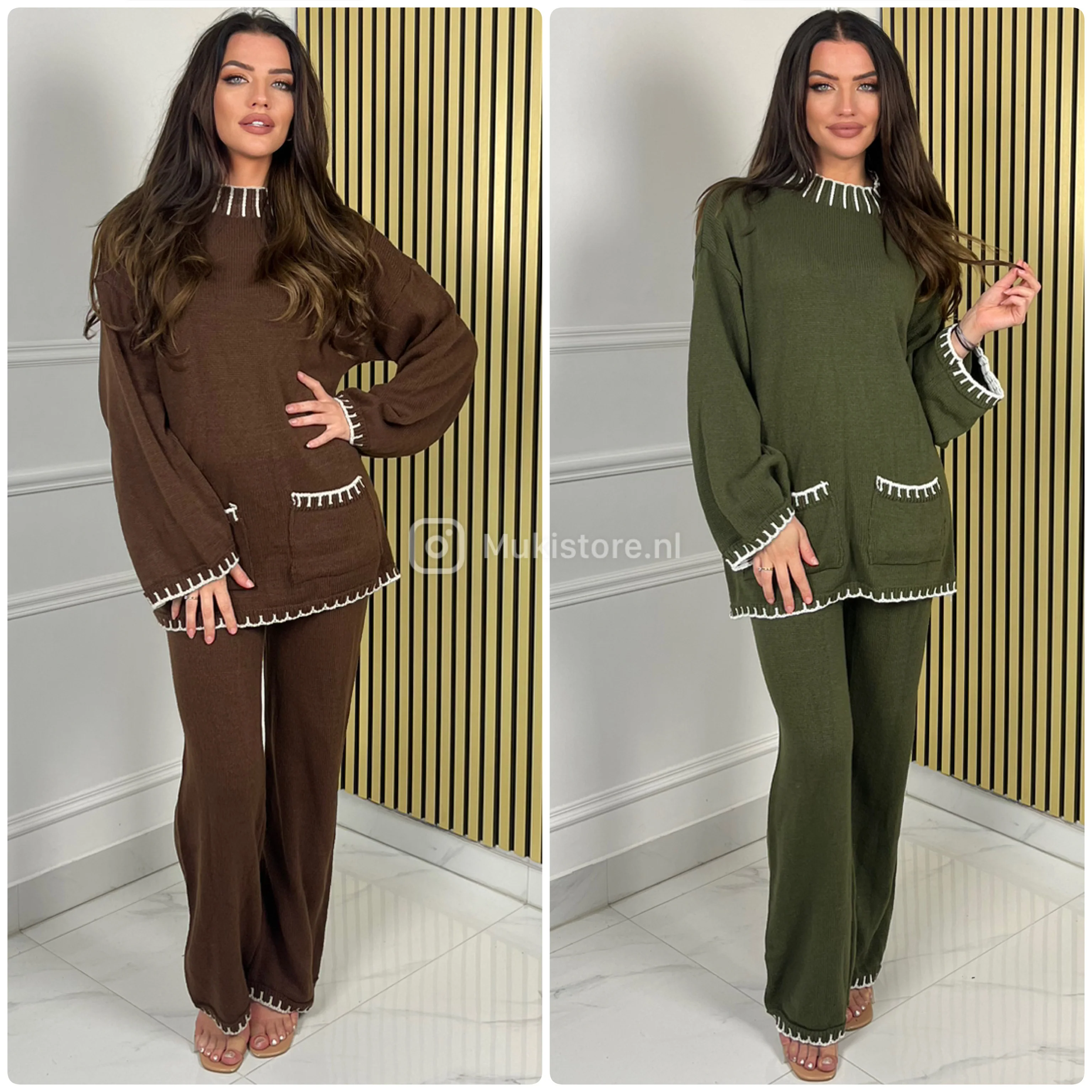Knitwear Round Neck Stripe Details Wide Leg Set - Image 7