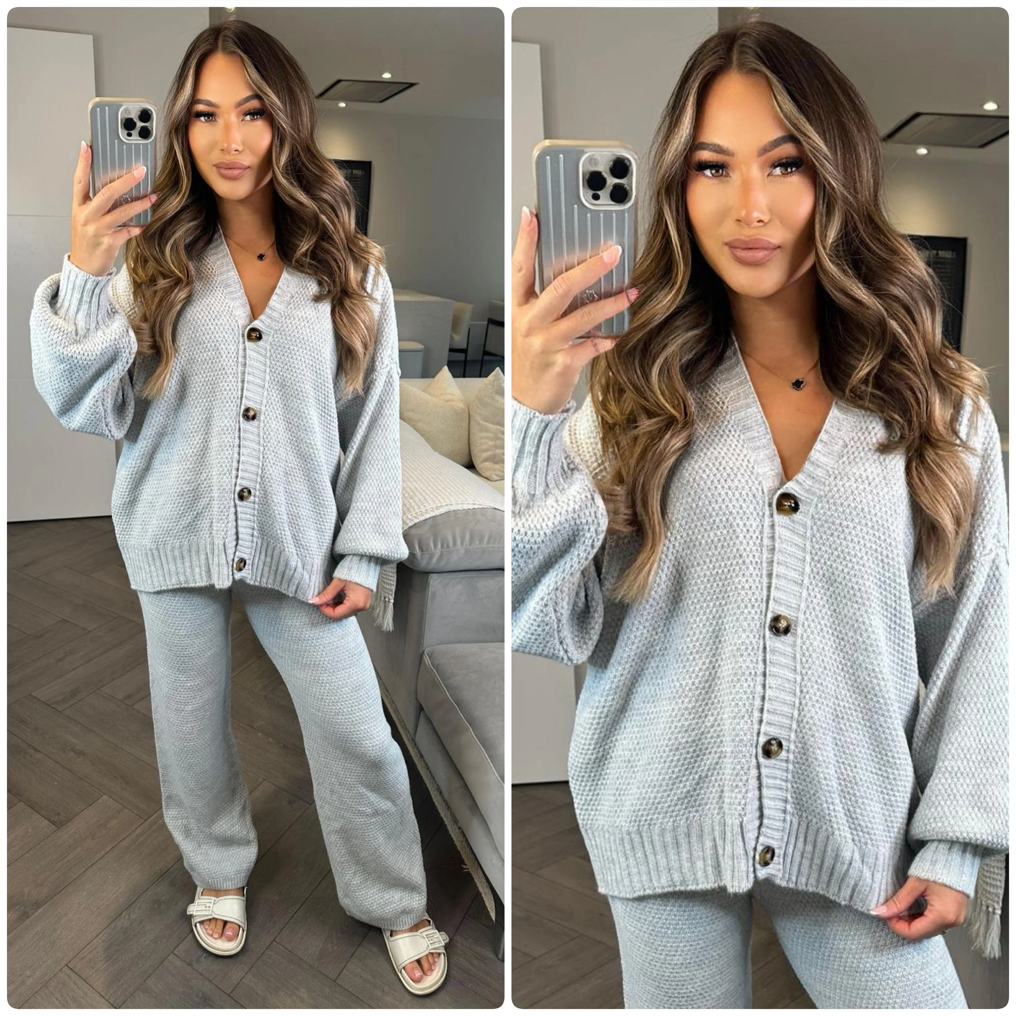 Knitwear V Neck 4 Button Wide Leg Set - Image 9