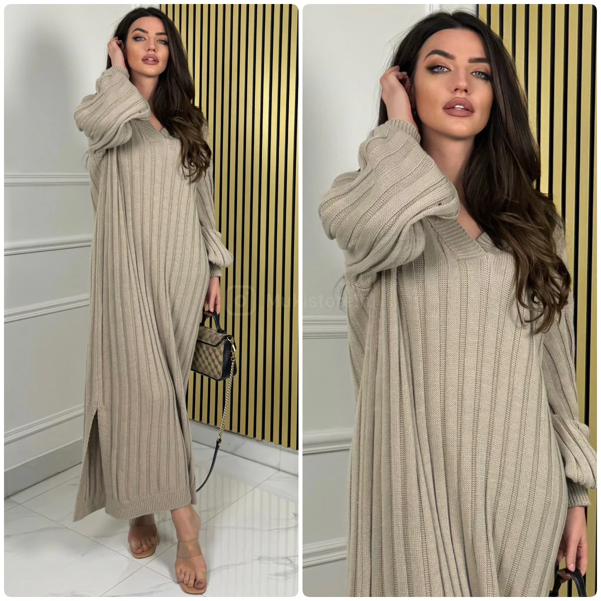 Knitwear V Neck Maxi Ribbed Dress Double Splits 23353 - Image 2