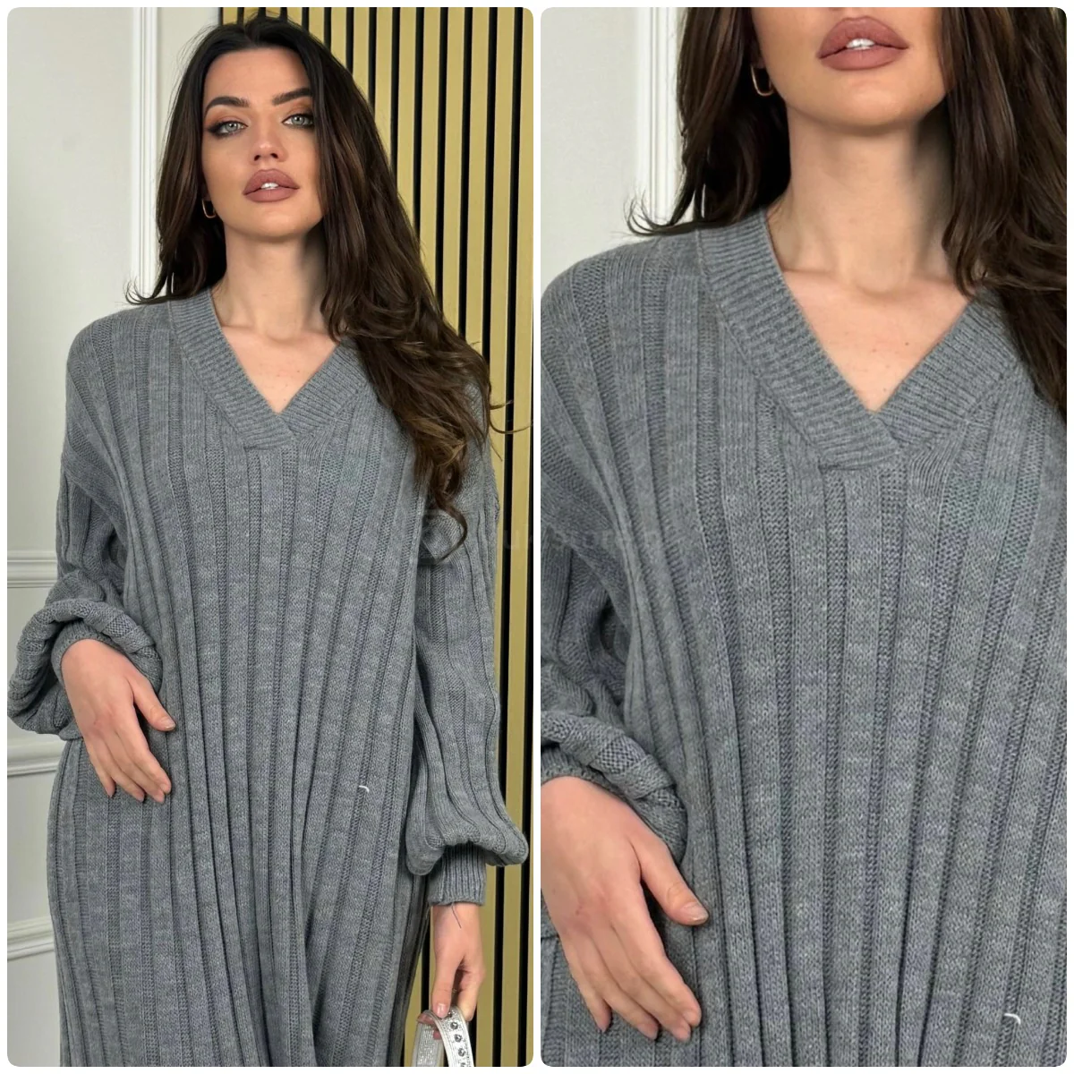 Knitwear V Neck Maxi Ribbed Dress Double Splits 23353 - Image 6