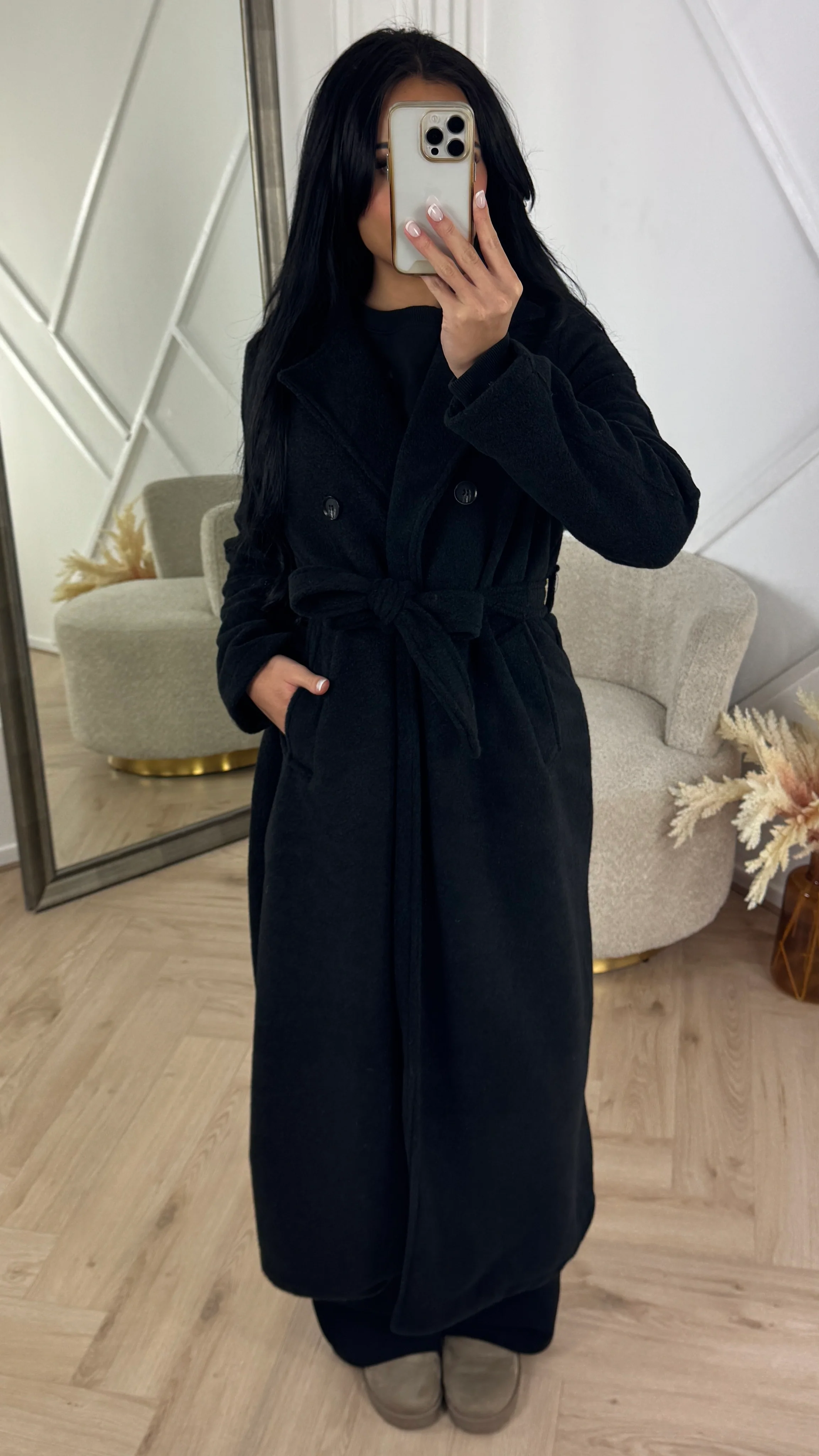 Lange Wollen Look Coat met Ceintuur