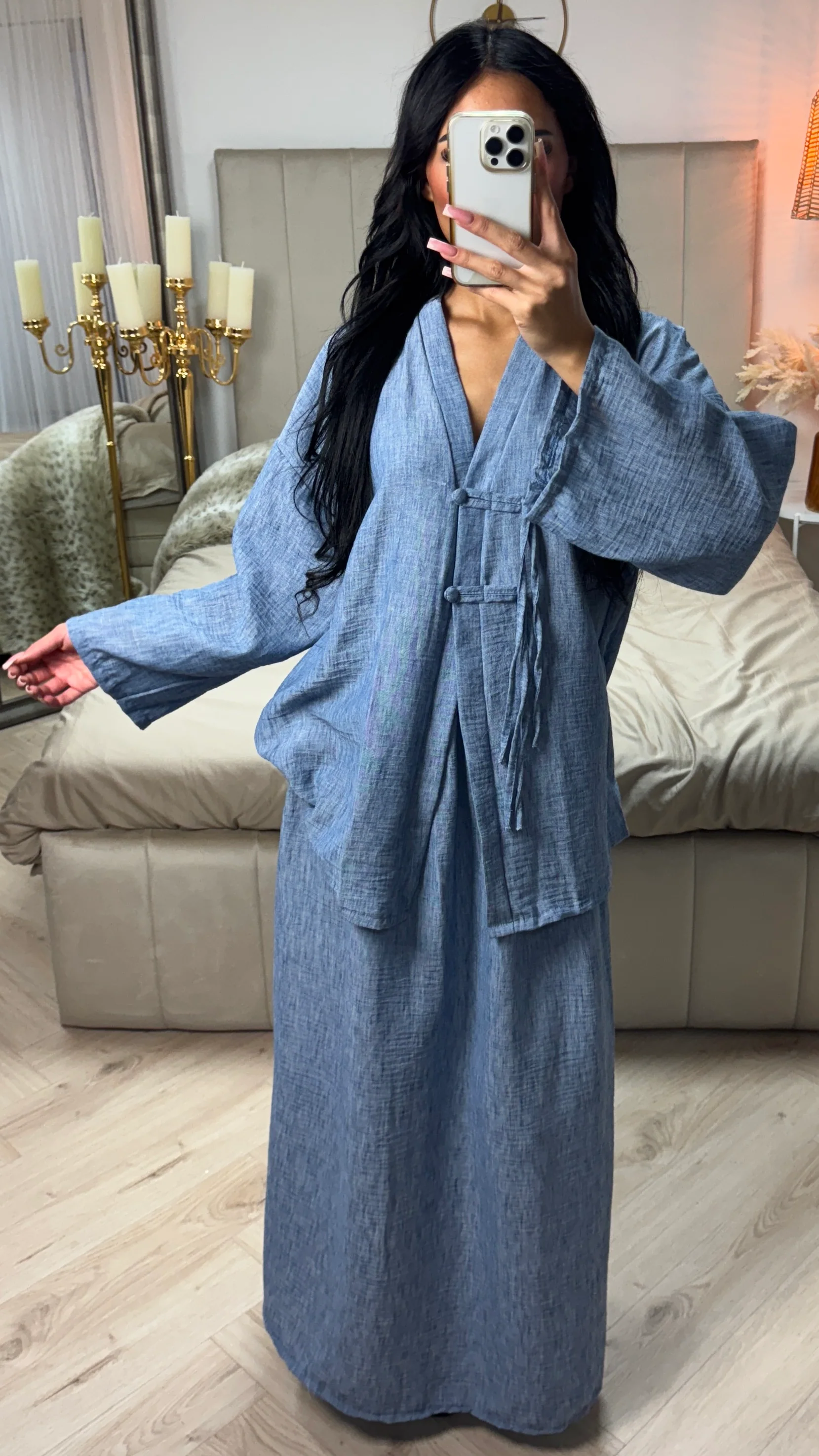 Linnenlook V Neck Top + Skirt Set Two Button Detail - Image 10