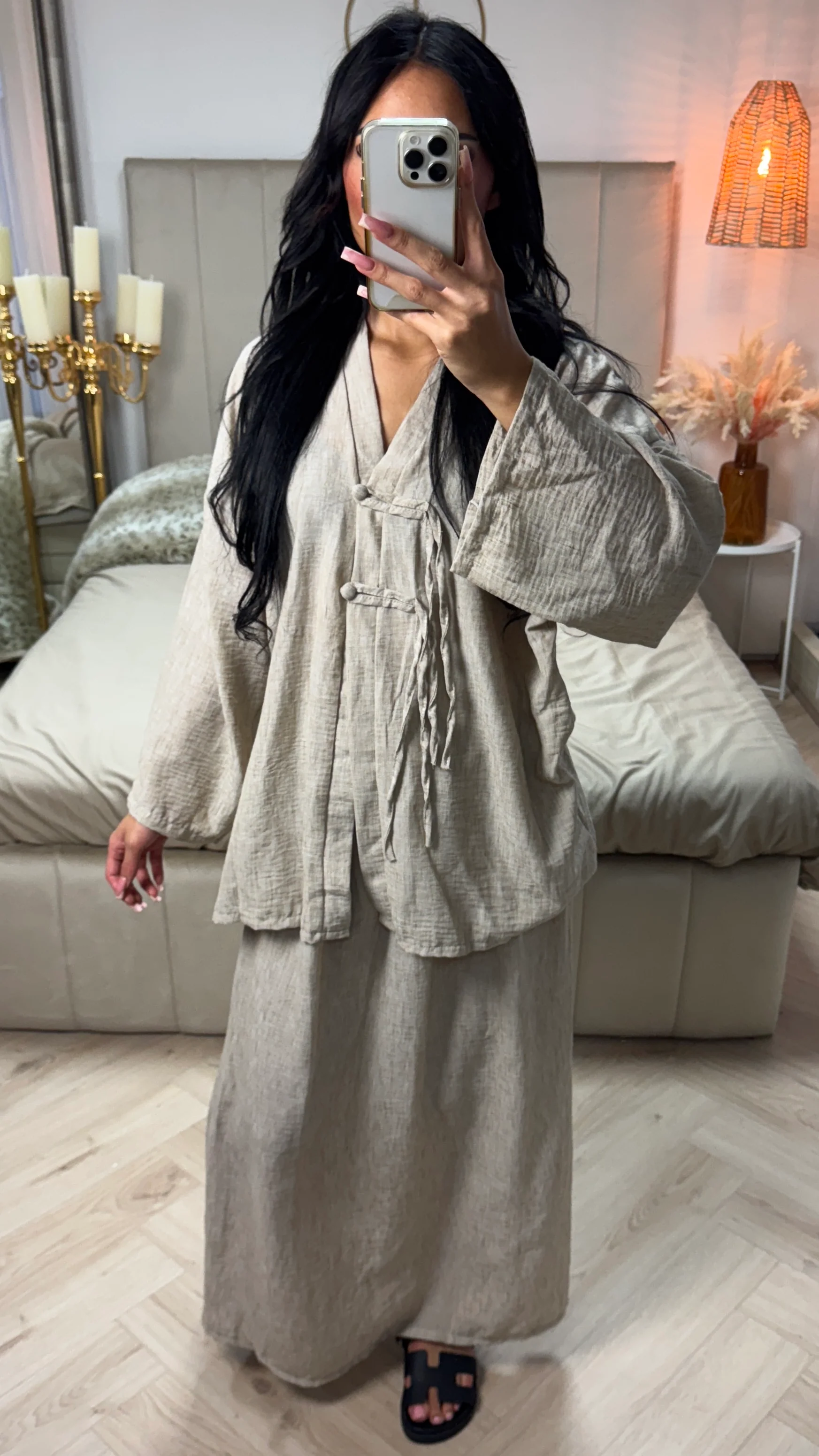 Linnenlook V Neck Top + Skirt Set Two Button Detail - Image 15