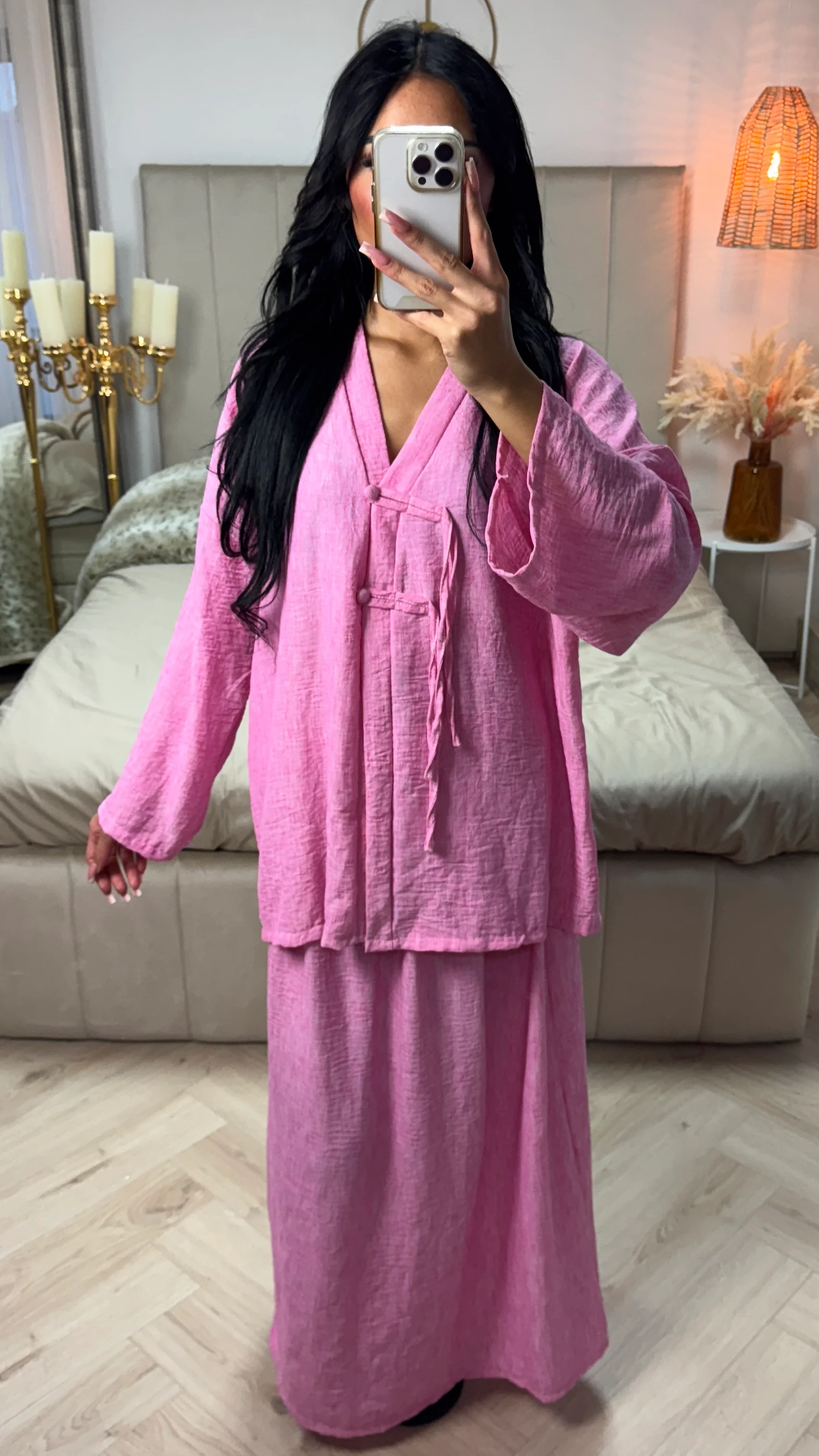 Linnenlook V Neck Top + Skirt Set Two Button Detail - Image 18