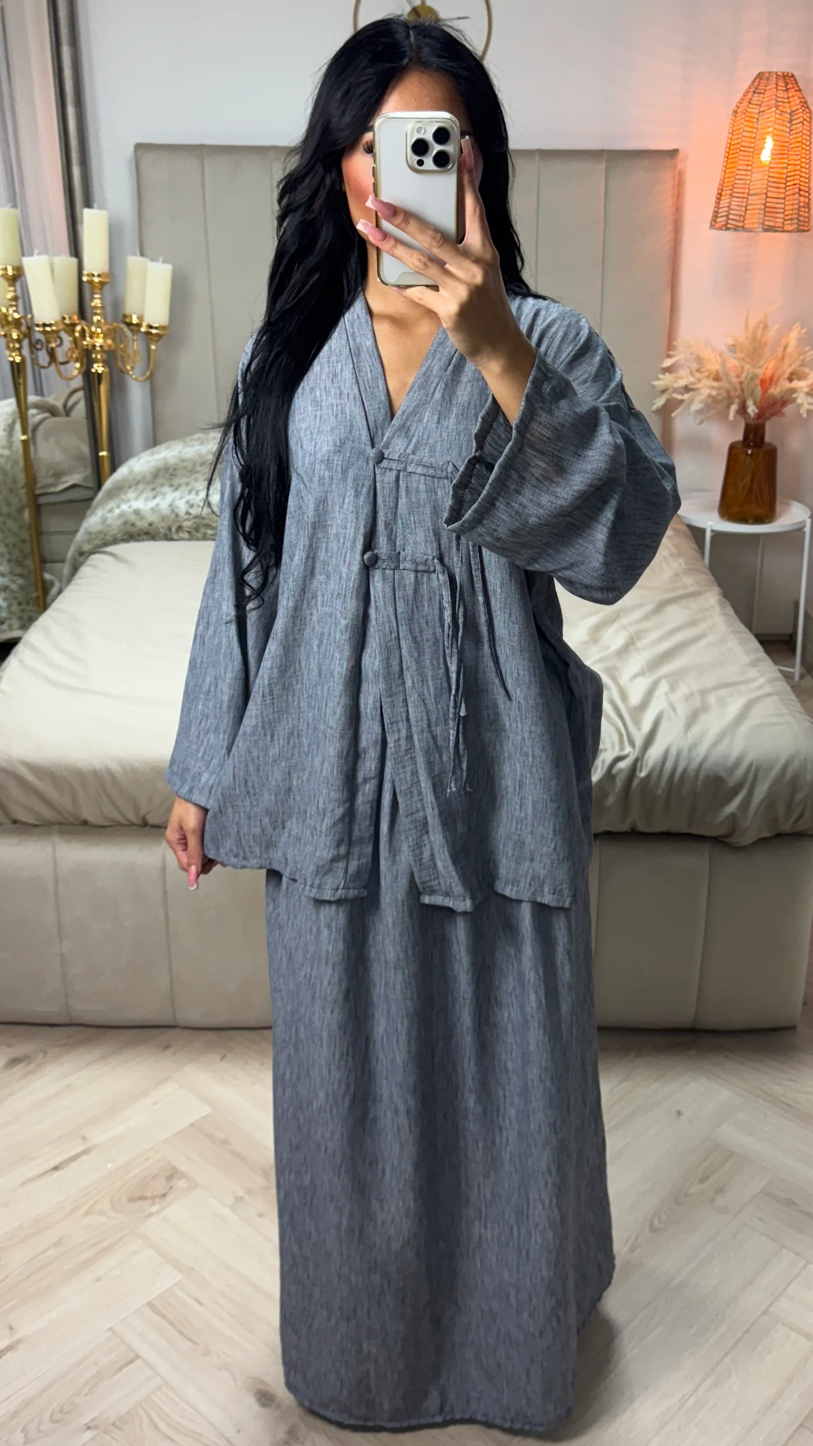 Linnenlook V Neck Top + Skirt Set Two Button Detail - Image 5