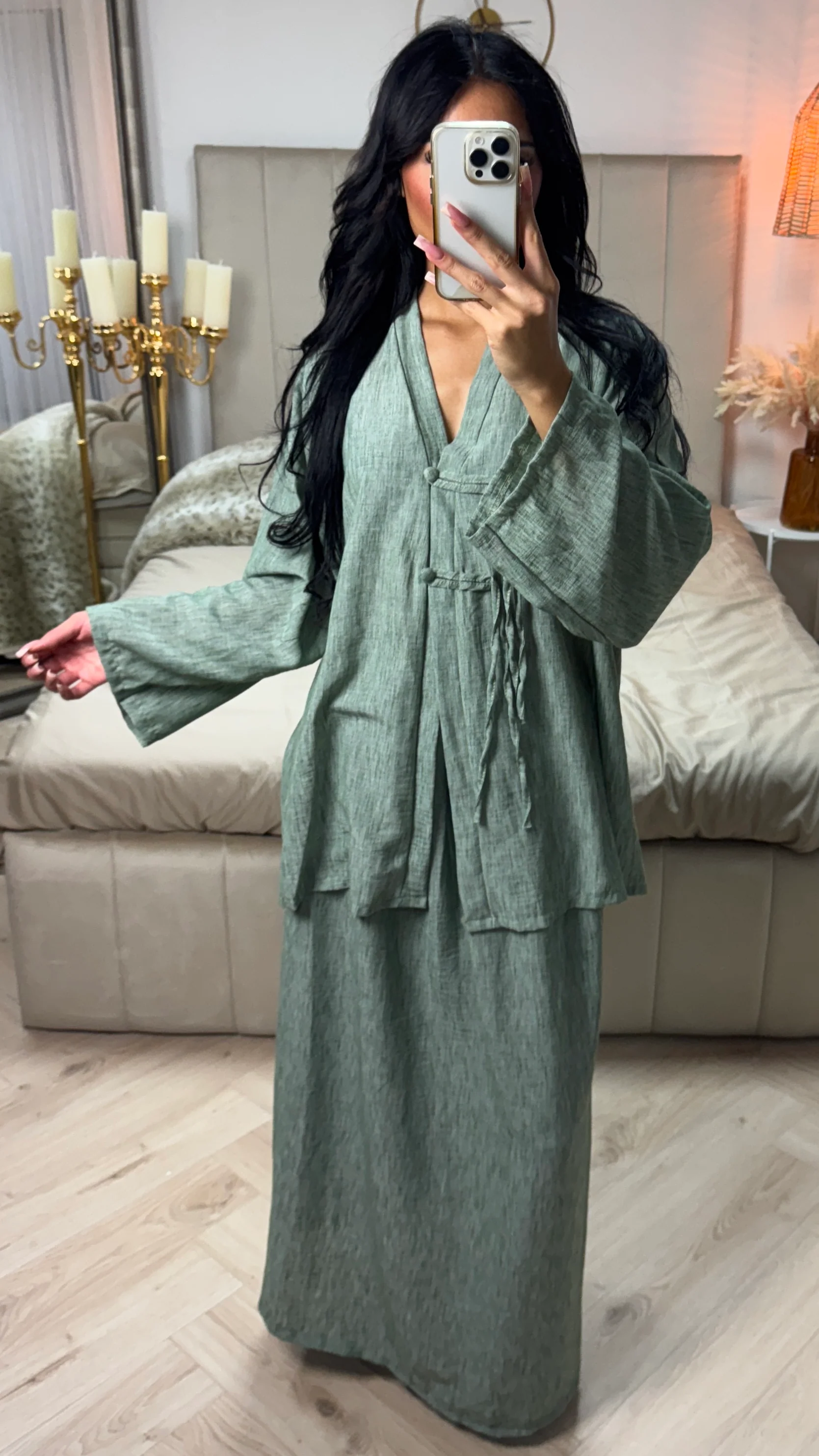 Linnenlook V Neck Top + Skirt Set Two Button Detail - Image 6